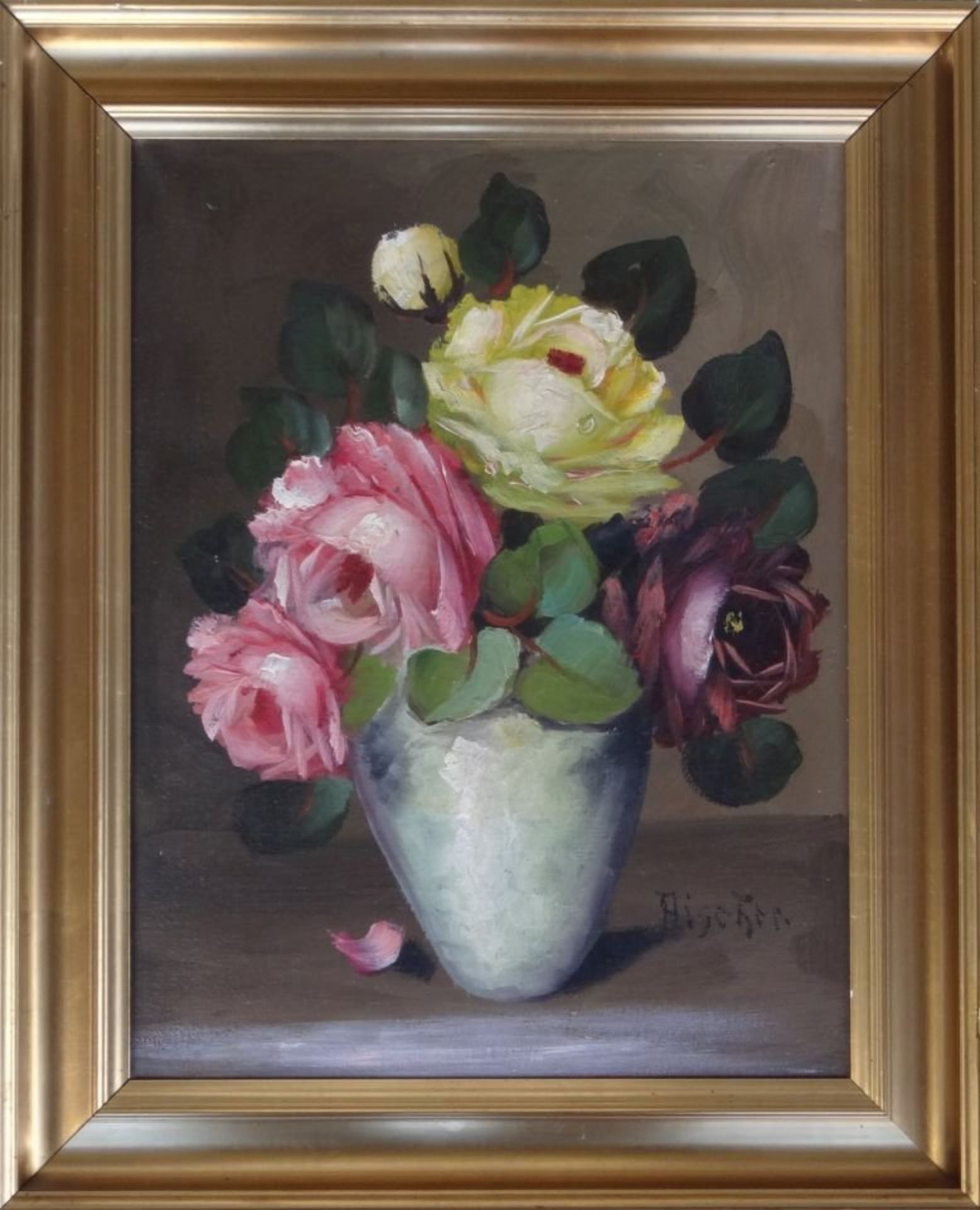 unleserl. "Rosen in Vase", Öl/Leinen, gerahmt, RG 48x40 c- - -22.61 % buyer's premium on the - Bild 2 aus 5