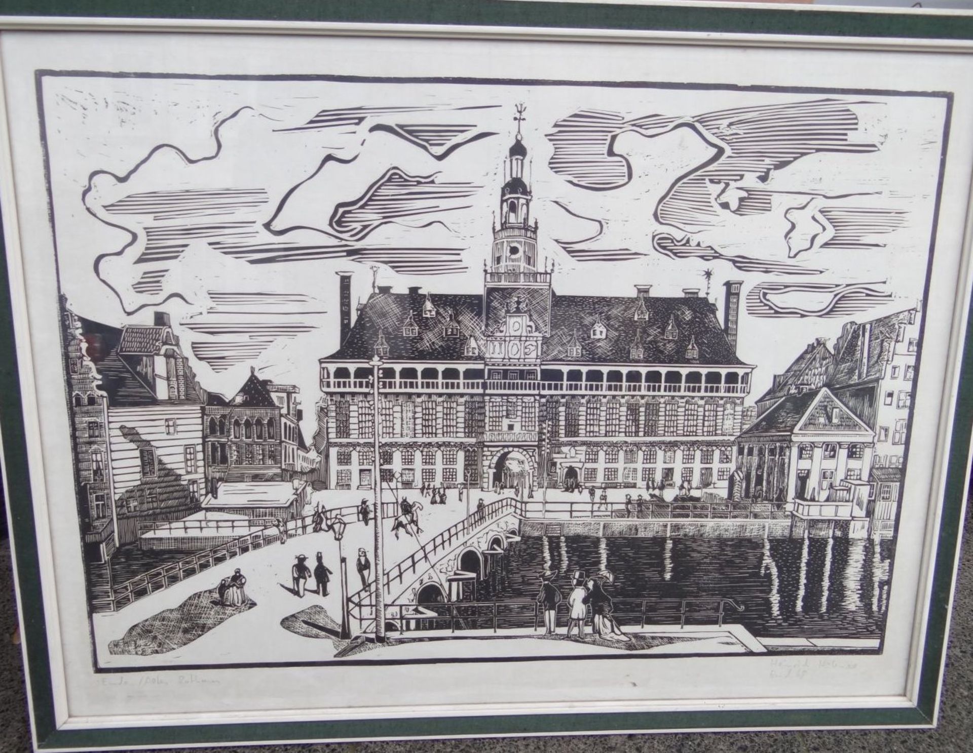 Heinrich HÜBNER (1869-1945) "altes Rathaus von Emden" ger/Glas, wohl Linolschnitt, RG 53x70 c- - -