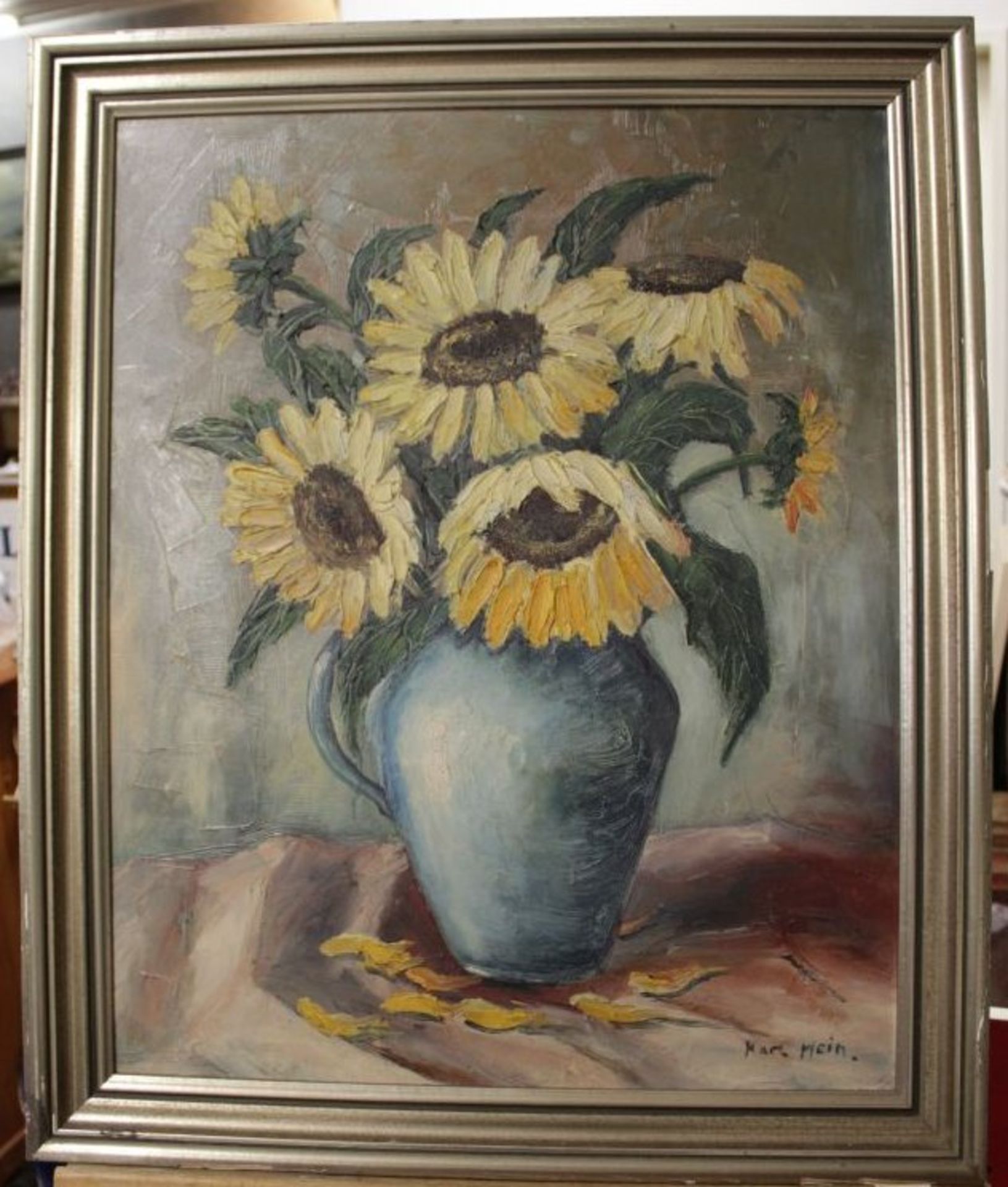 Karl Hein. , Sonnenblumen in Vase, Öl/Hartfaser, gerahmt, Rahmen beschädigt, RG 70,5 x 58,5cm- - - - Bild 3 aus 3