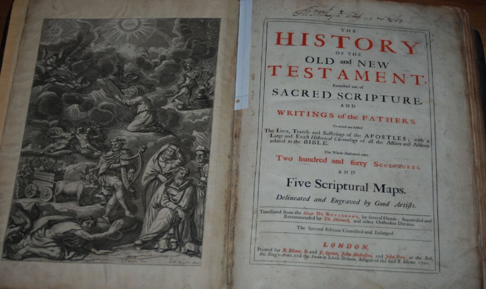 "The Holy Bible" 1701, mit 240 ganzseitigen Stichen und Klappkartern, englisch, The history of the