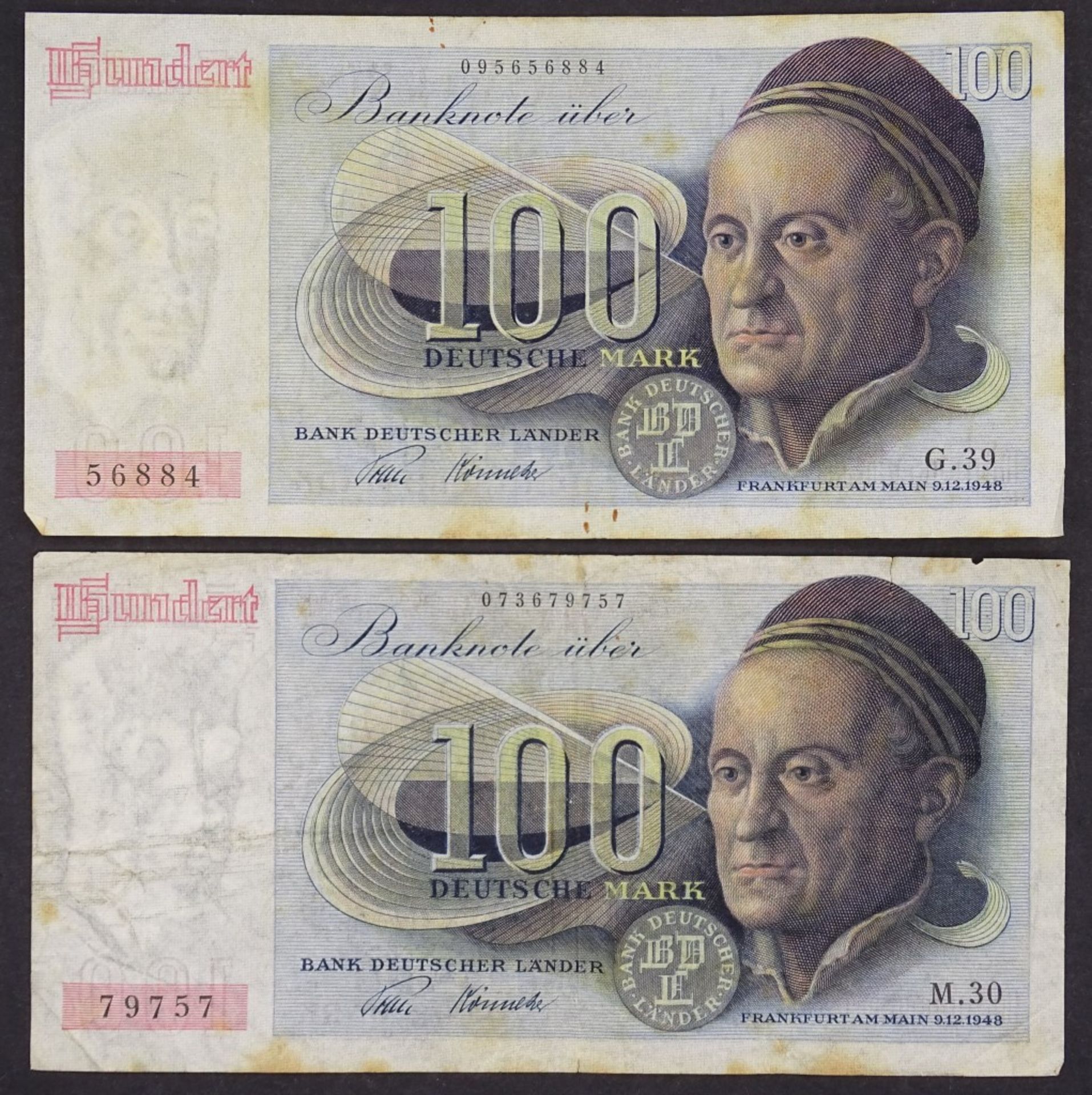 Zwei Banknoten - 100 Deutsche Mark 1948 - Bank Deutscher Lände- - -22.61 % buyer's premium on the