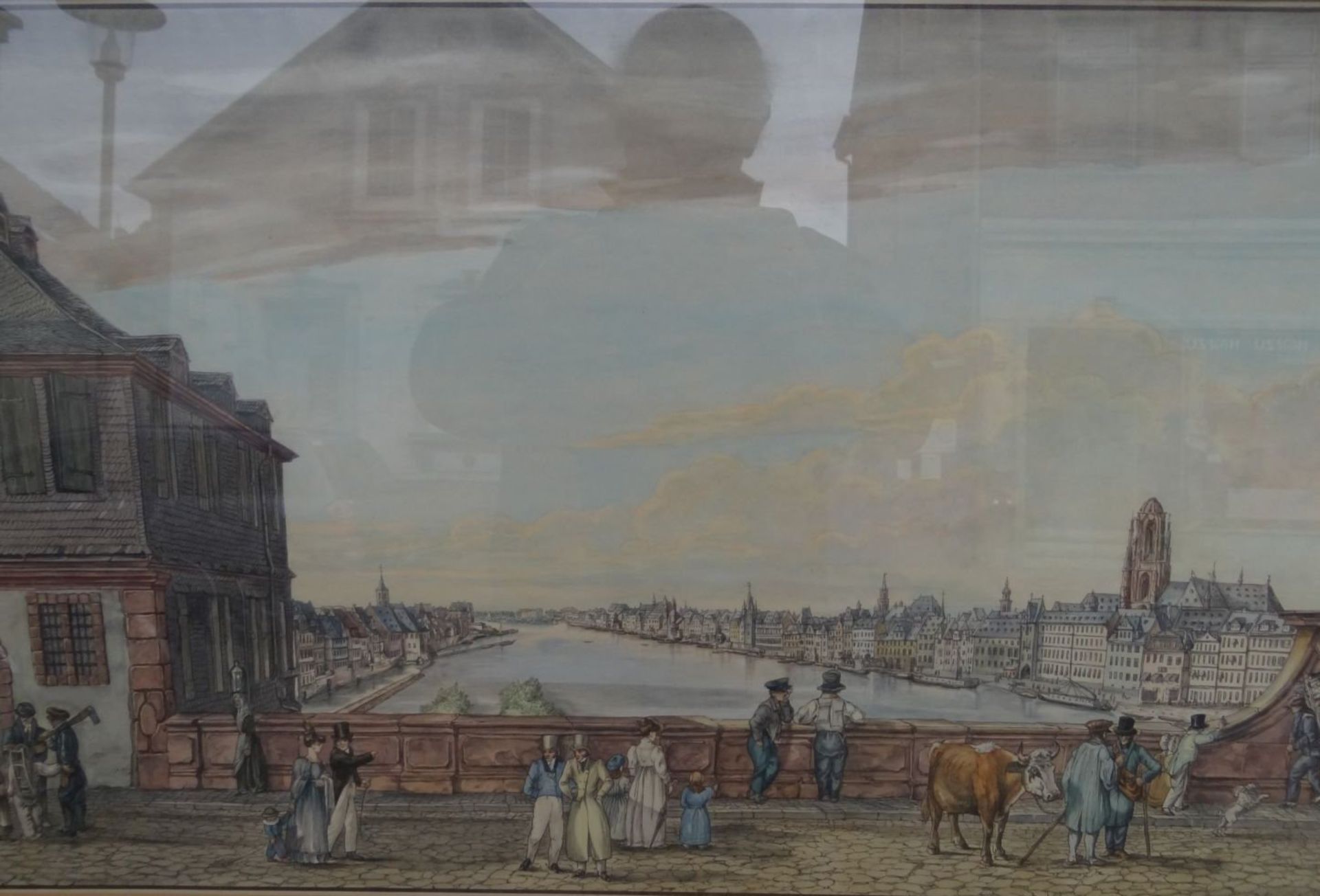 Carl MORGENSTERN (1811-1893) "Alte Brücke in Frankfurt/Main", grosse handcolorierte Lithografie,