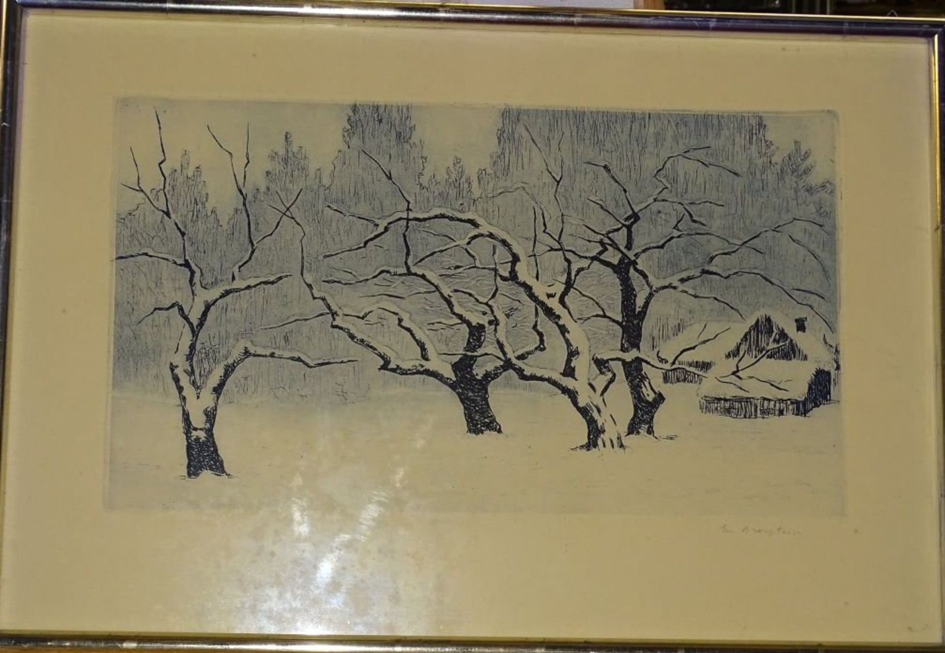 Em. Bronstein "Bäume im Winter" Farbradierung, ger/Glas, RG 35x53 cm,- - -22.61 % buyer's premium on