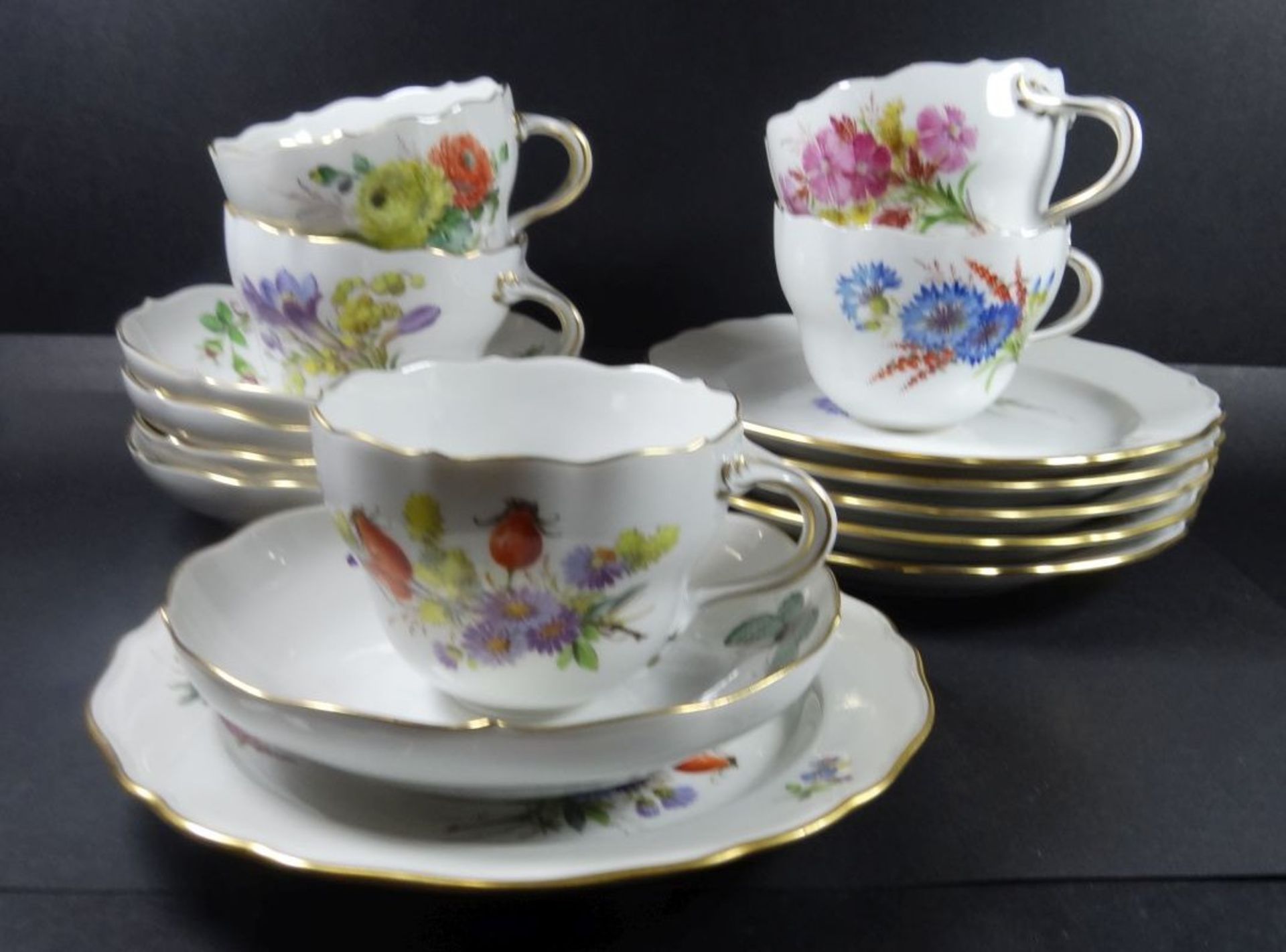 5x Meissen Gedecke, Blumen-und Schmetterlinge, alles erste Wahl, 5 Tassen mit 5 U.T., 6