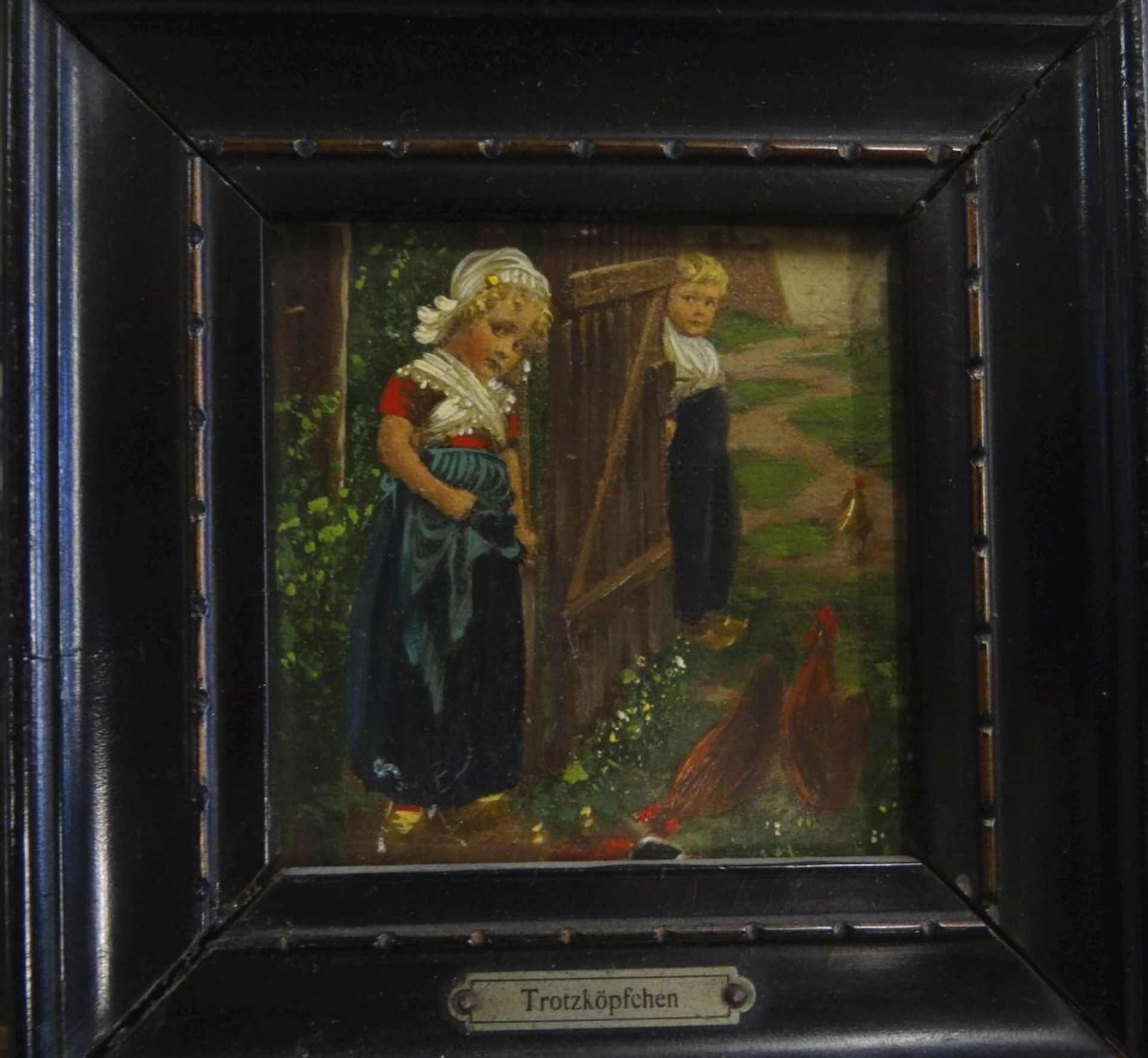 kl. anonymes Gemälde "Trotzköpfchen", gerahmt, 13x13- - -22.61 % buyer's premium on the hammer
