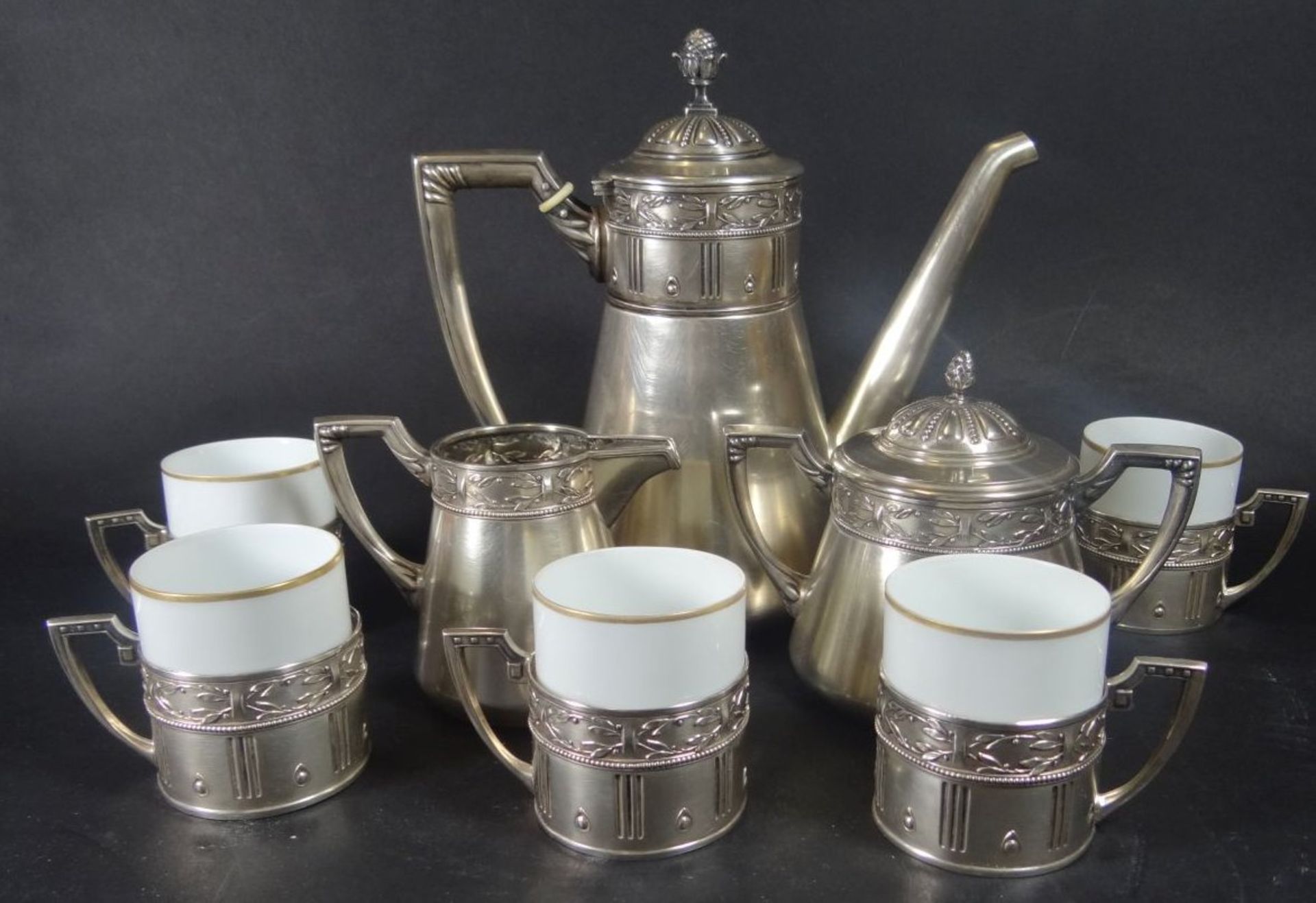 Silber-800- Jugendstil-Kaffeekern mit 5 Tassen, Silbermontur, Kanne H-17,5 cm, Gewicht zus. 830