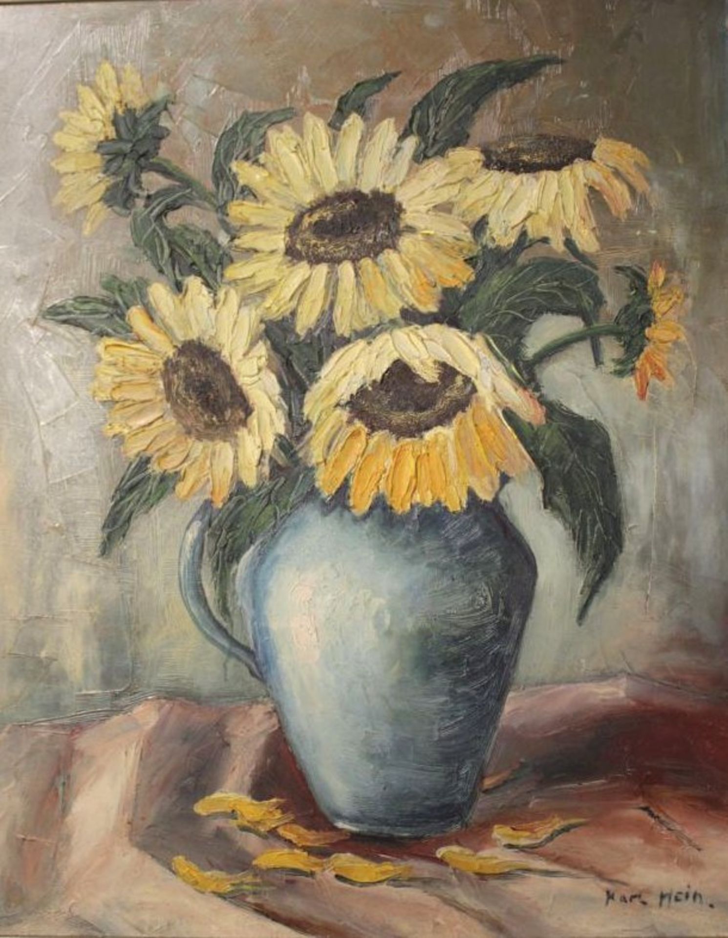 Karl Hein. , Sonnenblumen in Vase, Öl/Hartfaser, gerahmt, Rahmen beschädigt, RG 70,5 x 58,5cm- - -