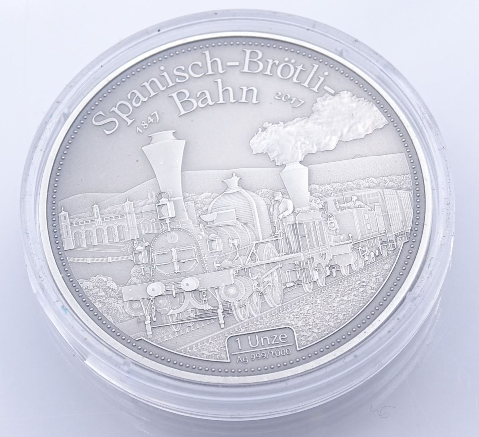 Feinsilber Medaille 1 Oz 999/000, Spanisch-Brötli-Bahn,in Kapse- - -22.61 % buyer's premium on the