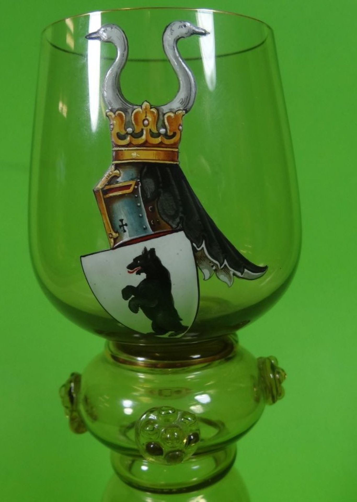 Weinglas mit Wappenmalerei, verso Namen G.von Behr, H-20 cm, Emaille, in Stand Ritzgravur - Bild 2 aus 6