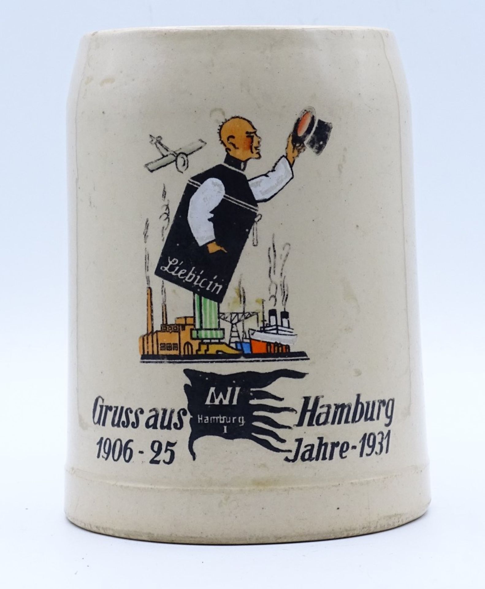 Bierkrug "Gruss aus Hamburg 25 Jahre Liebicin",Deckel fehlt,H-12,5cm- - -22.61 % buyer's premium - Bild 2 aus 4