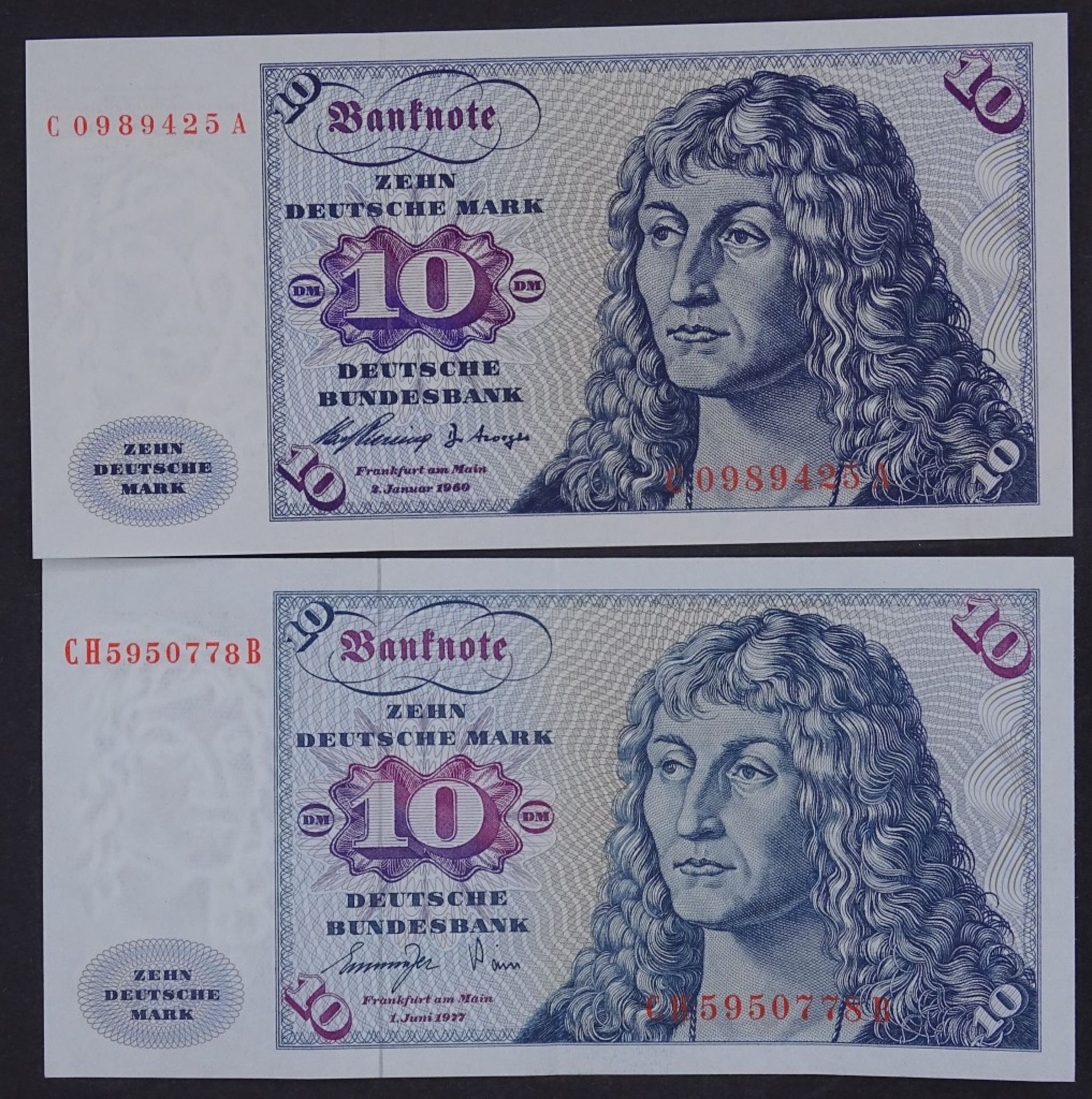 Zwei Banknoten - 10 Deutsche Mark 1960/77 - Deutsche Bundesbank- - -22.61 % buyer's premium on the