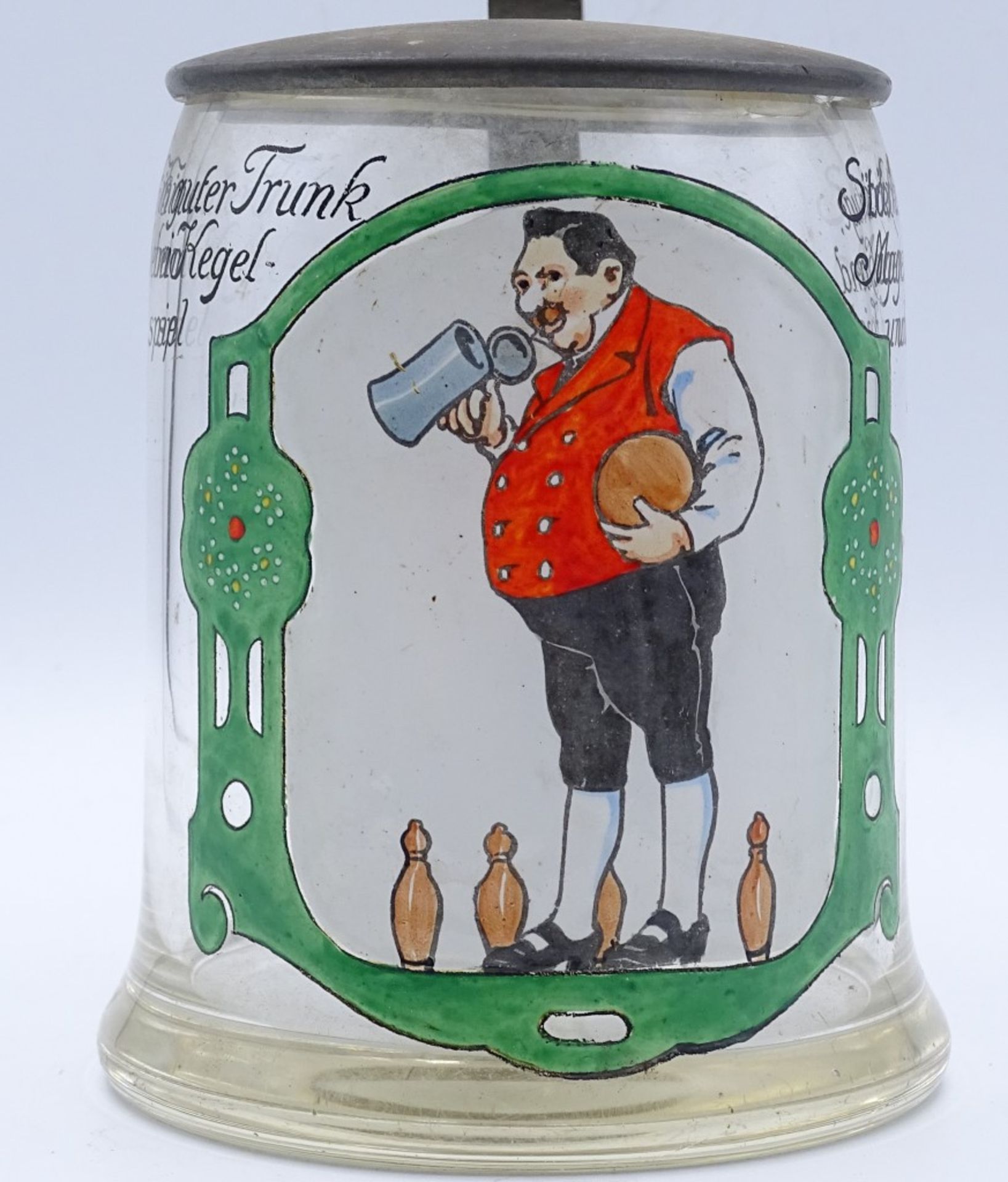 Bierkrug mit Spurch "ein guter Trunk beim Kegelspiel-Stärkt Auge,Magen,Hand und Ziel",H-13c- - -22. - Bild 3 aus 3