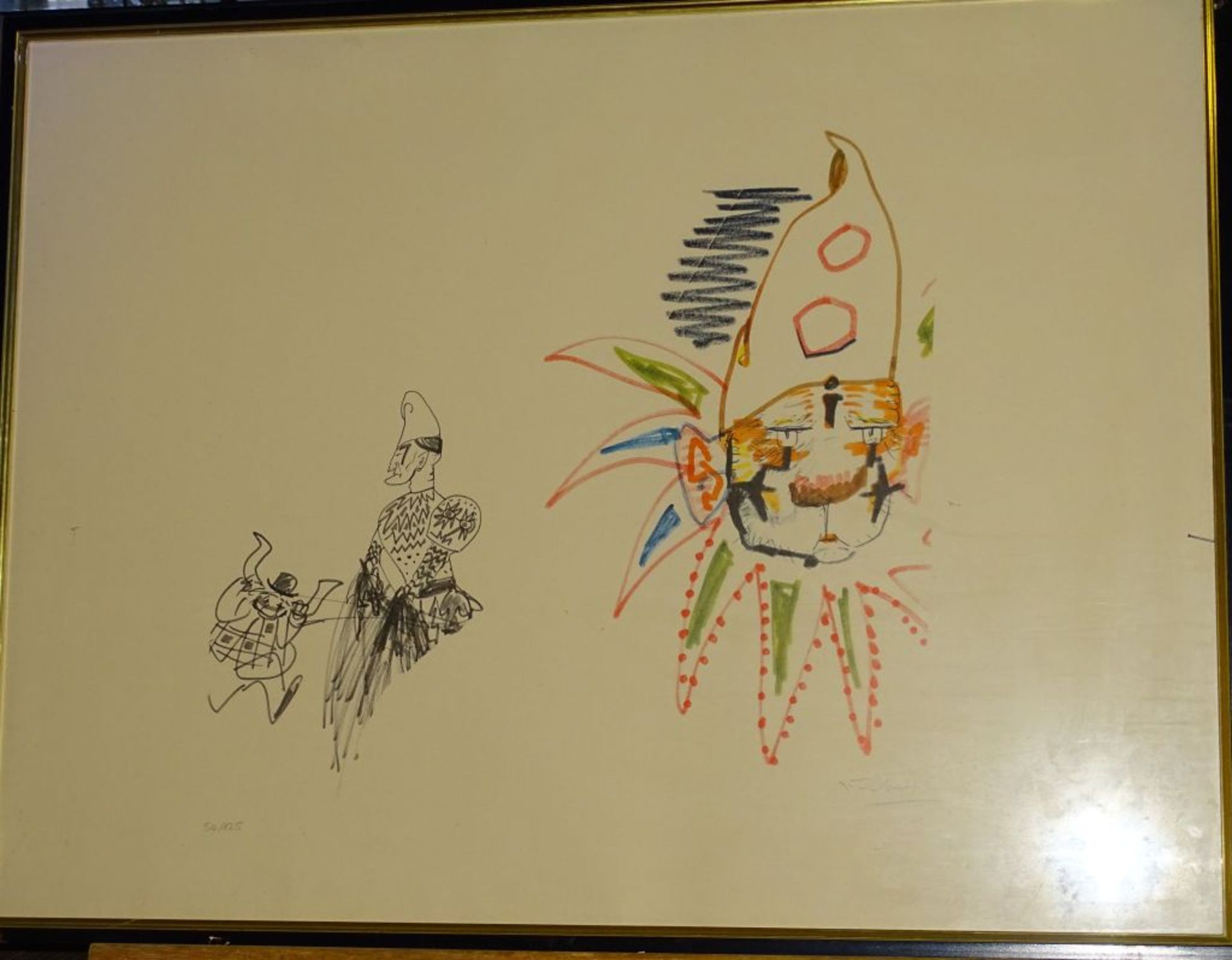 Weichberger oder ähnlich?, Lithographie mit Clowns, Nr. 54/125, ger/Glas, RG 78x59 c- - -22.61 % - Bild 2 aus 7