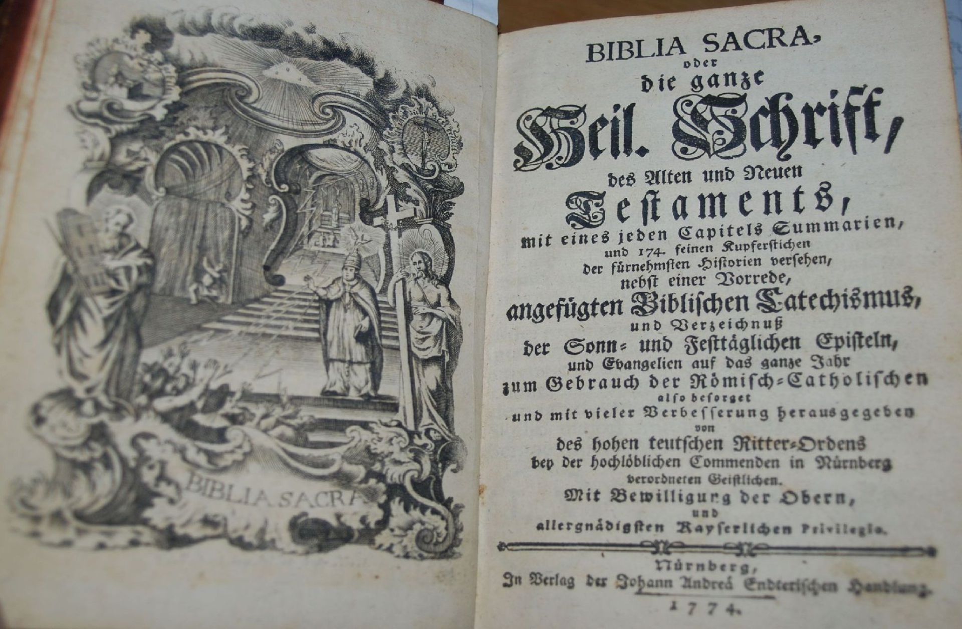 Biblia sacra oder die ganze Hl. Schrift, Nürnberg 1774, Ledereinband der Zeit, illustriert, guter