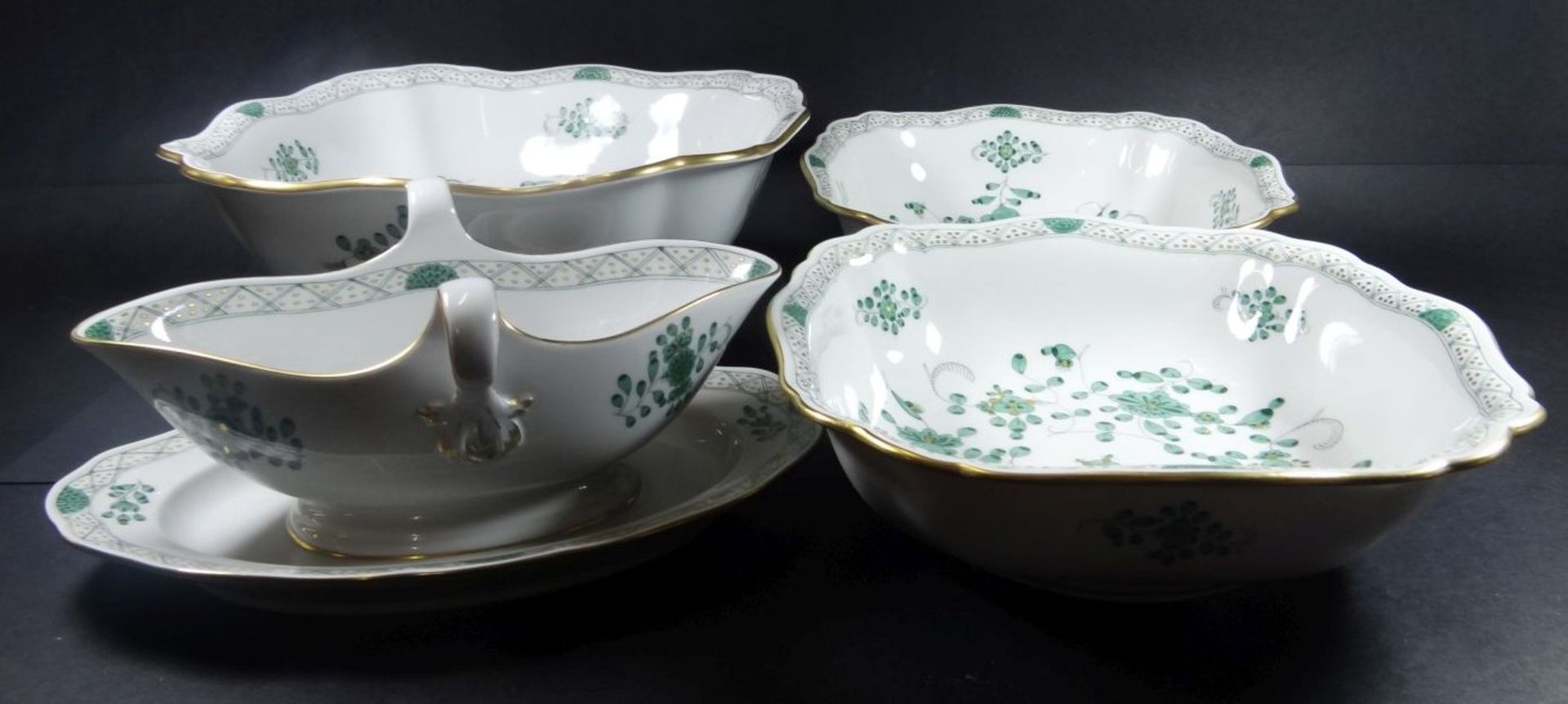 Speiseservice "Meissen" indisch grün mit Gold, 29 Teile, gr. ovale Fleischplatte, 3x div. Schüsseln, - Bild 5 aus 8