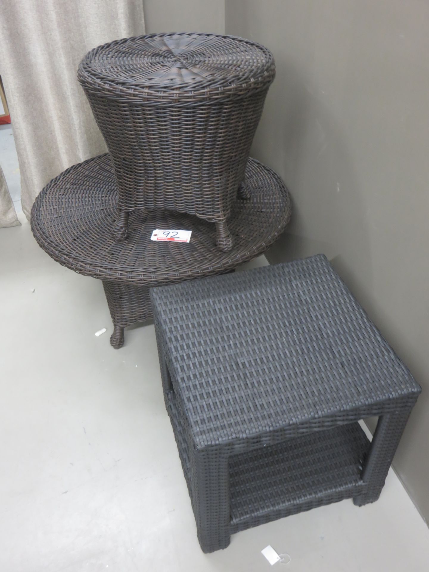 LOT - BLACK + BROWN ASSTD WICKER ALUMINUM TABLES