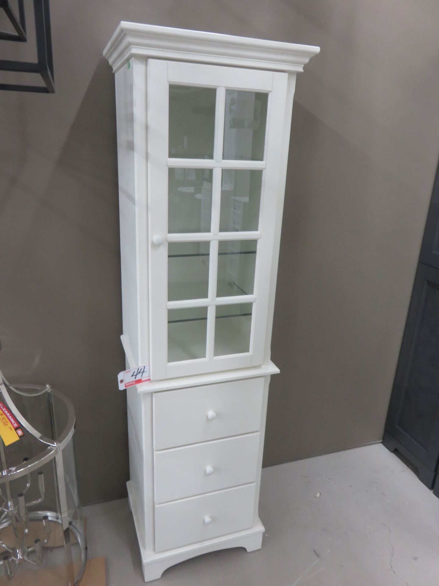 HARVEST CLOUD WHITE 22" X 17.5" X 76"H LINEN TOWER, DOVETAIL DRAWERS W/ 3 GLASS SHELVES - (NEW IN - Image 2 of 2