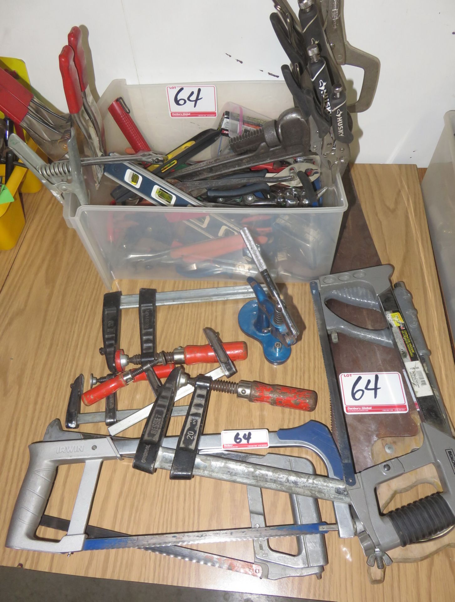 LOT - PLIERS, VISE GRIPS, CRESENT WRENCHES, SAWS + CLAMPS