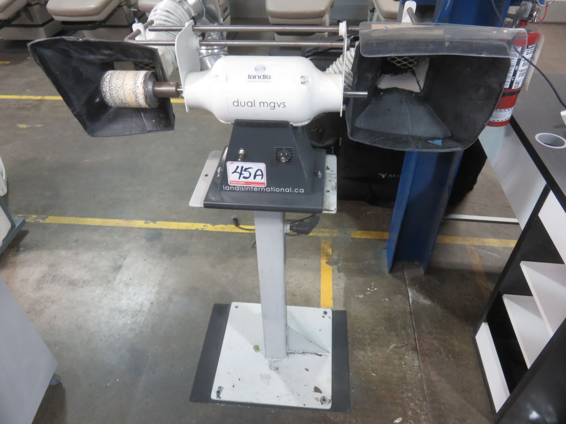 2017 LANDIS DMGVS DUAL HEAD MINI SHOE GRINDER MACHINE W/ STEEL PEDESTAL, S/N 18723 (115V)