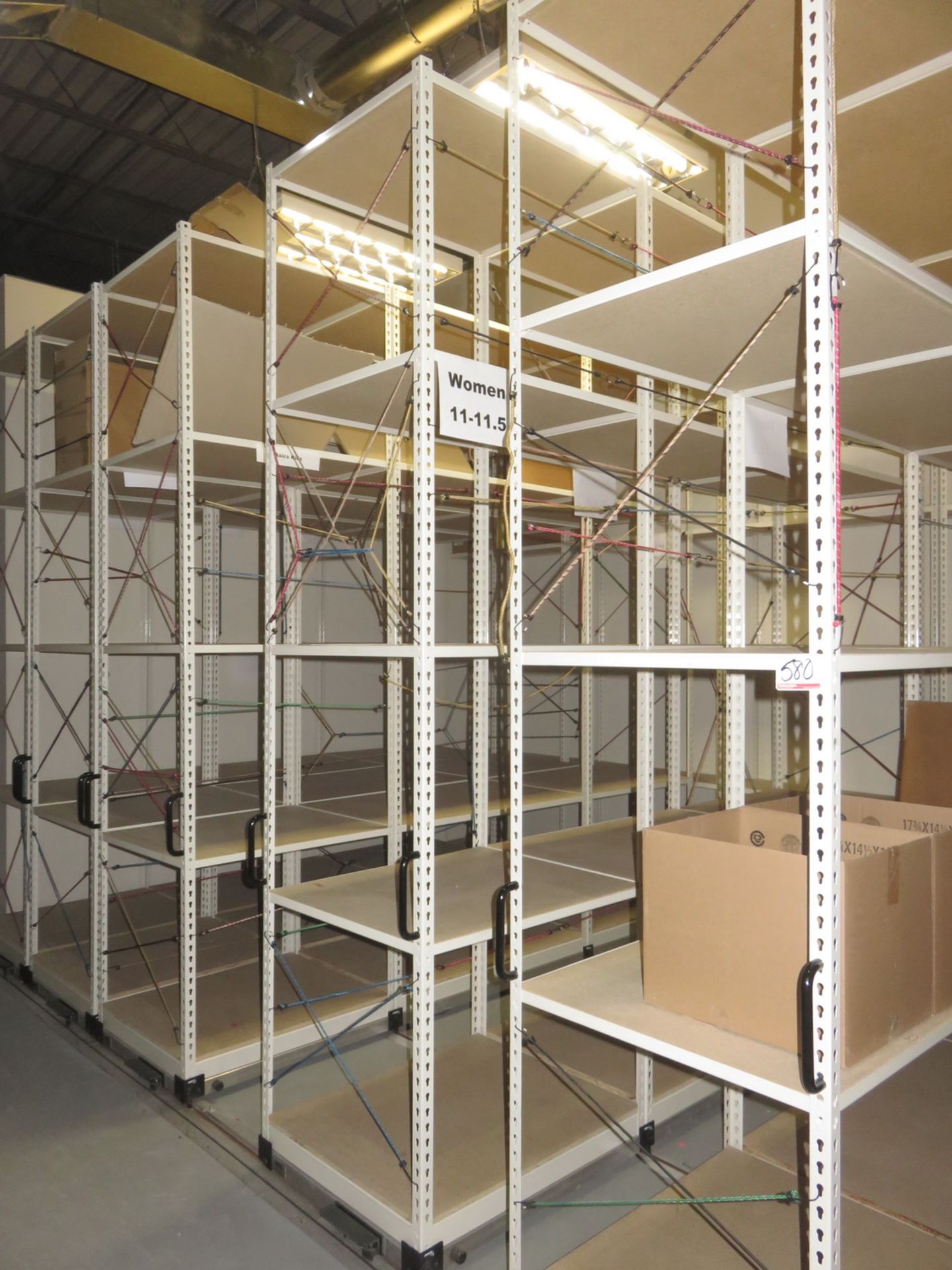 LOT - SPACE SAVER SHELVING STORAGE SYSTEM C/W(15) SECTIONS BEIGE STEEL & WOOD SHELF SHELVING