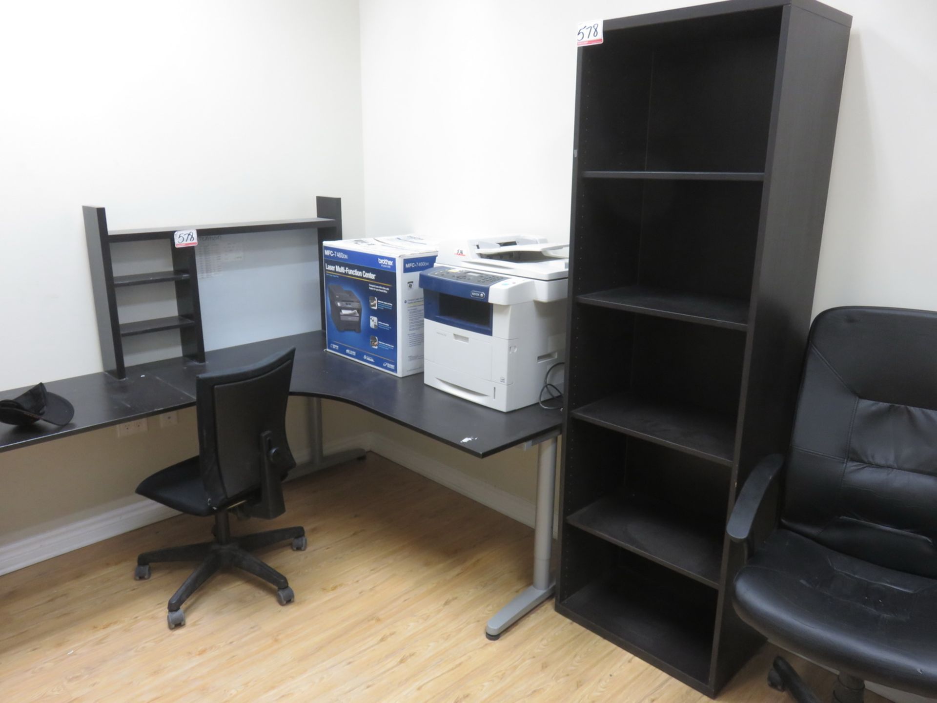 LOT - BLK & GREY OFFICE DESKS, BOOKCASE & 4BLK ASSTD OFFICE CHAIRS (LOCATED AT 20 VOGELL RD,