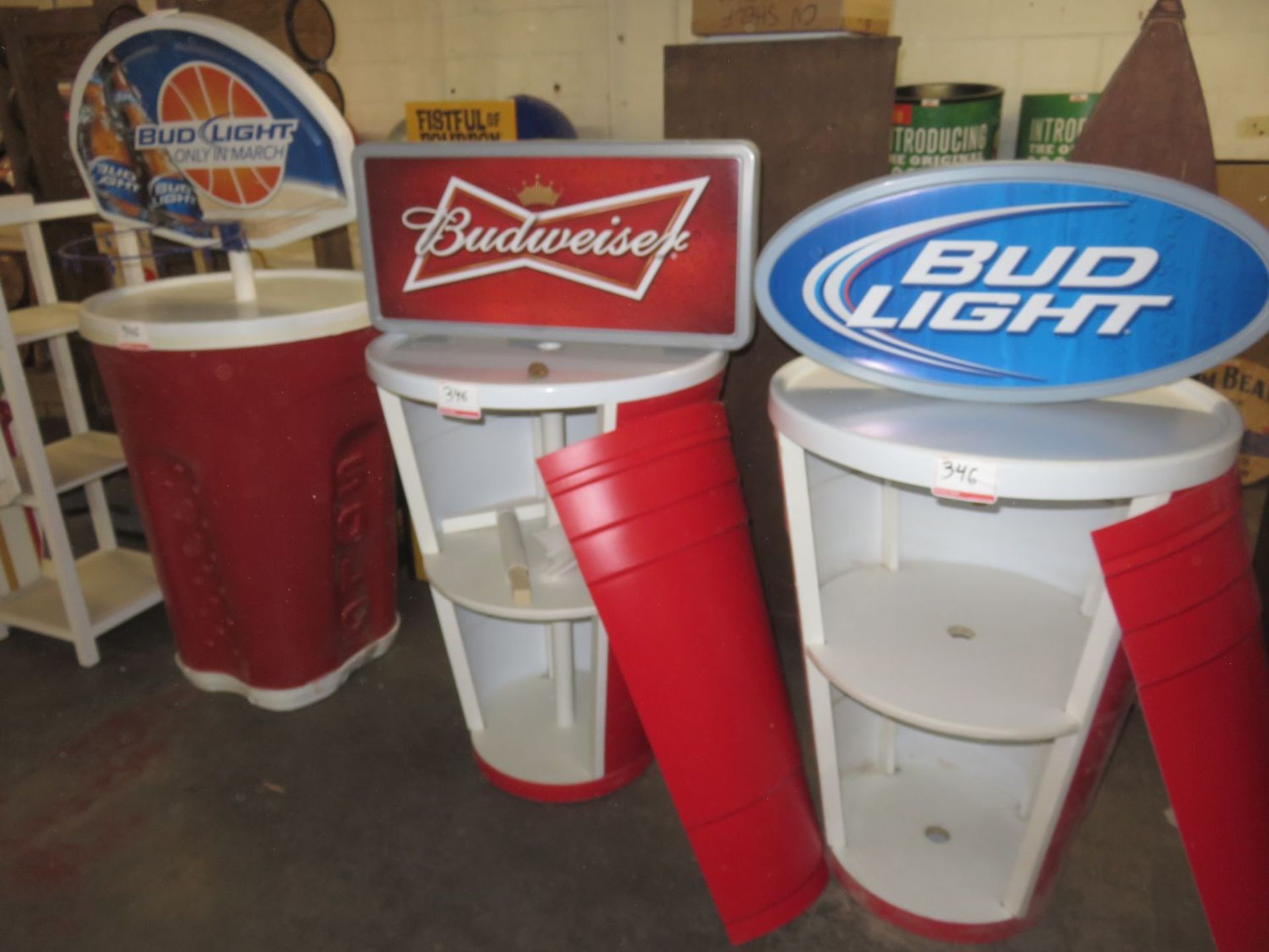 UNITS - NOVELTY SIZE SOLO CUP SHELVING UNITS W/ BUD & BUD LIGHT DISPLAY SIGNS