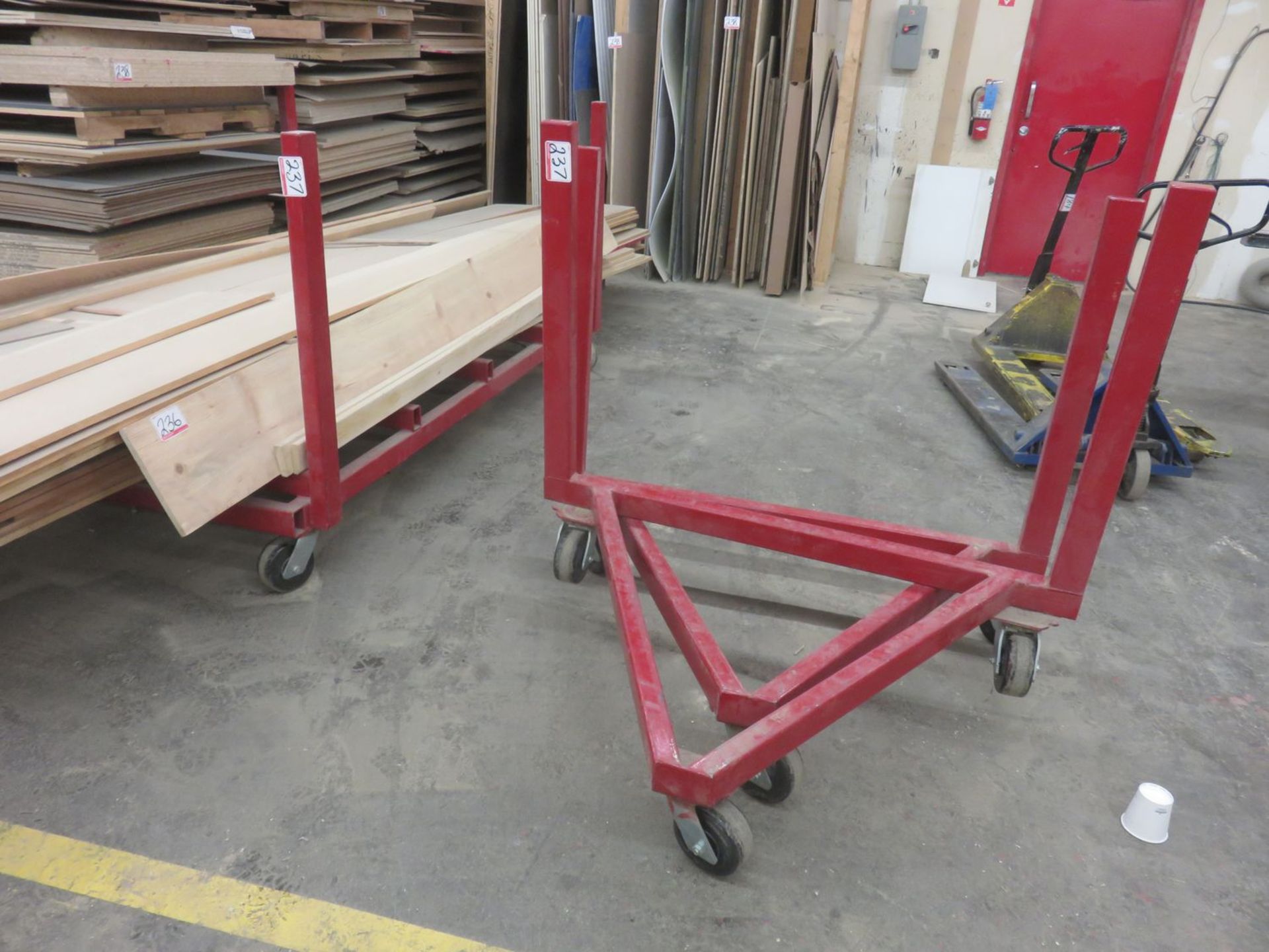 LOT - RED STEEL APPROX 64" X 94" & (2) TRIANGLE H/D SHOP TROLLEYS