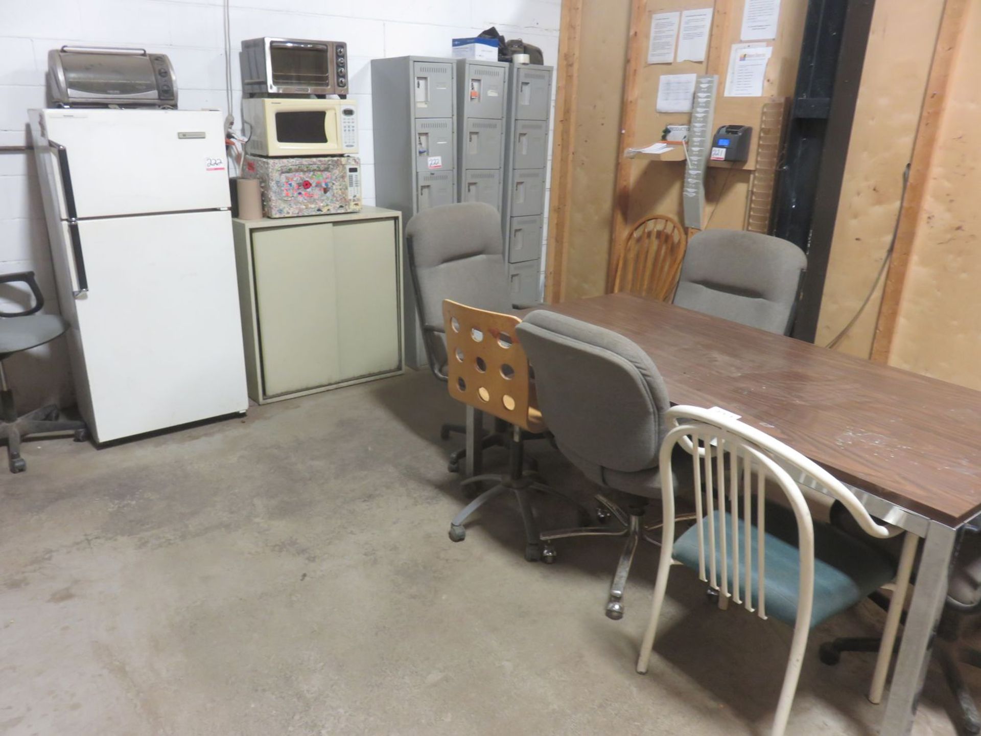 LOT - LOCKERS, FRIDGE, TABLE & CHAIRS, ETC