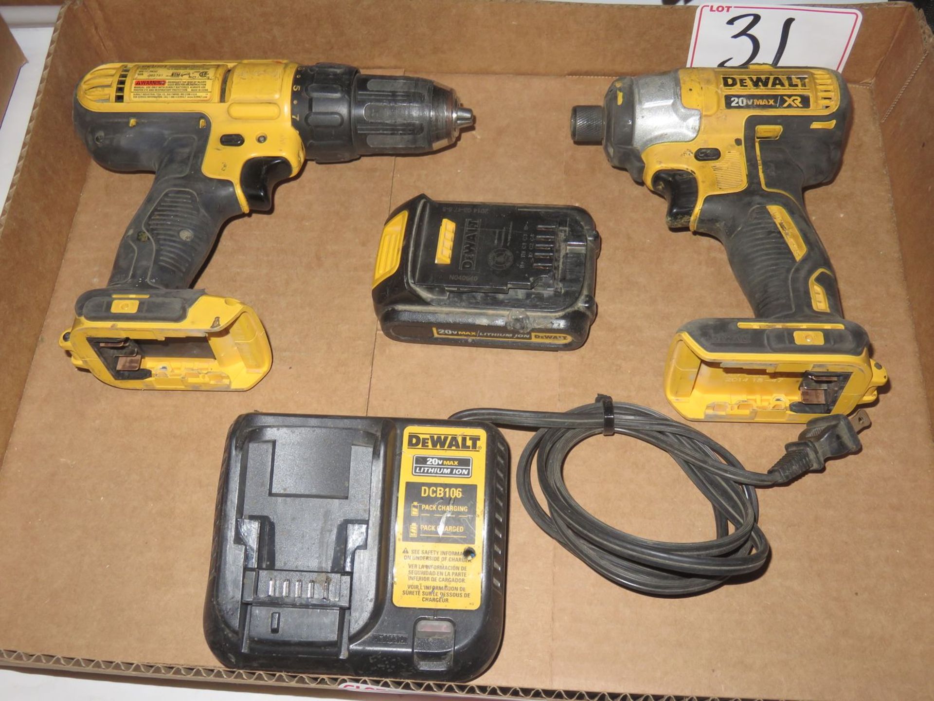 LOT - DEWALT DCD771 CORDLESS DRILL & IMPACT DRIVER & DCF886 IMPACT DRIVER W/ (1) 20V BATTERY &