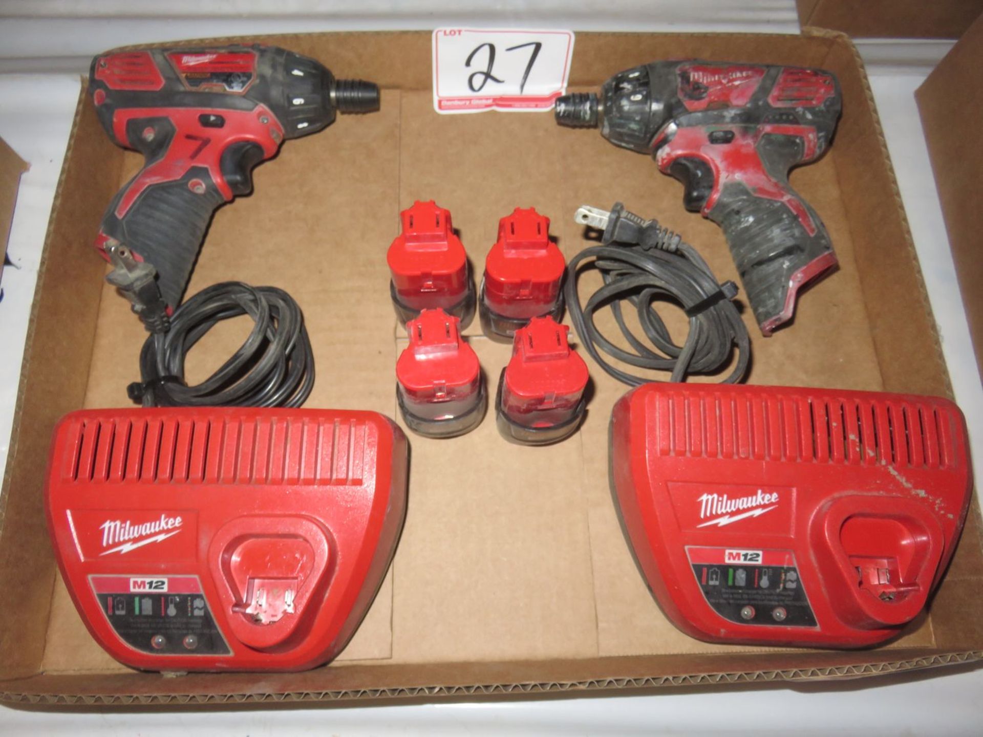 LOT - MILWAUKEE 2401-20 CORDLESS HEX SCREW DRIVERS C/W (2) CHARGERS & (4) 12V BATTERIES