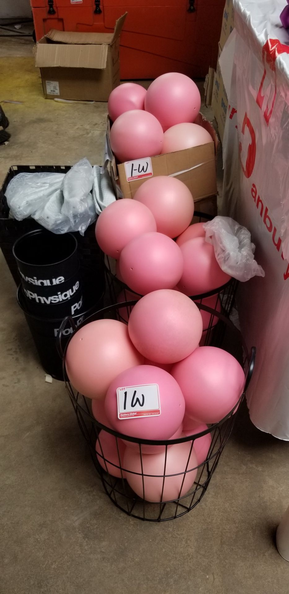 LOT - PINK INFLATABLE YOGA BALLS, BASKETS, ETC.