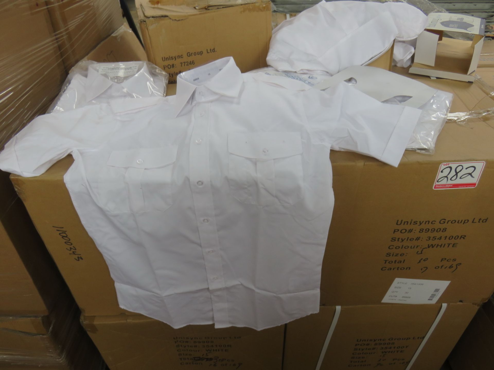 LOT - WHITE SHORT SLEEVE SECURITY SHIRTS (12 BOXES - APPR 30 PCS/BX)