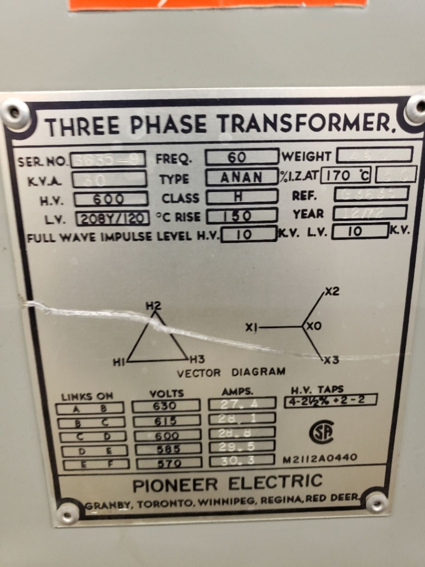 PIONEER ELECTRIC THREE PHASE TRANSFORMER 30KVA, S/N 3635-9 - Image 2 of 2