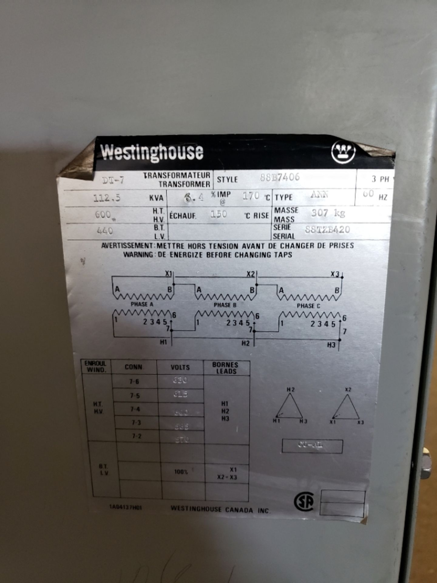 WESTINGHOUSE DT-7 3-PHASE 112.5KVA TRANSFORMER, S/N 88TZB420 - Image 2 of 2