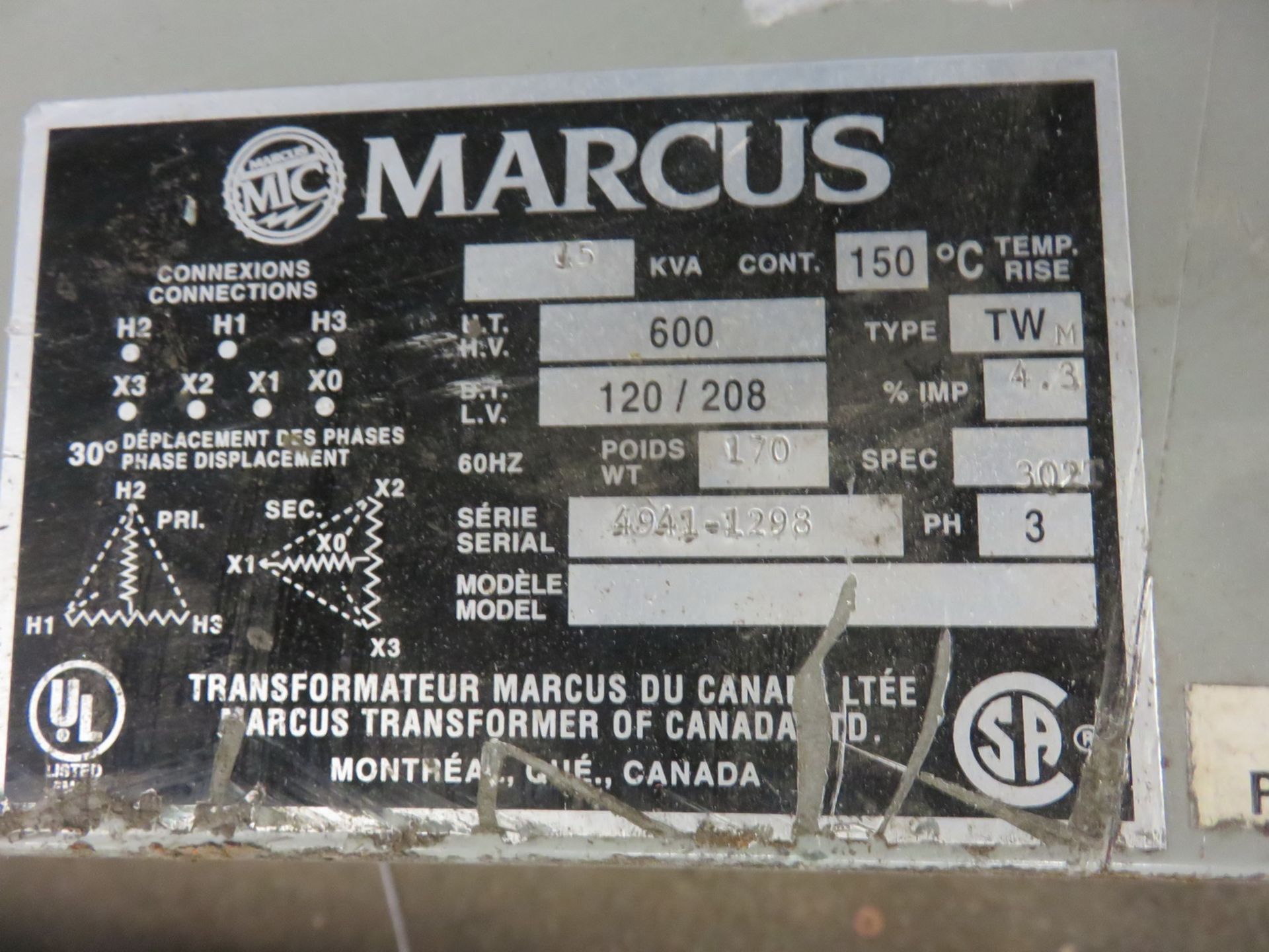 MARCUS 15KVA 600/120/208 TRANSFORMER - Image 2 of 2