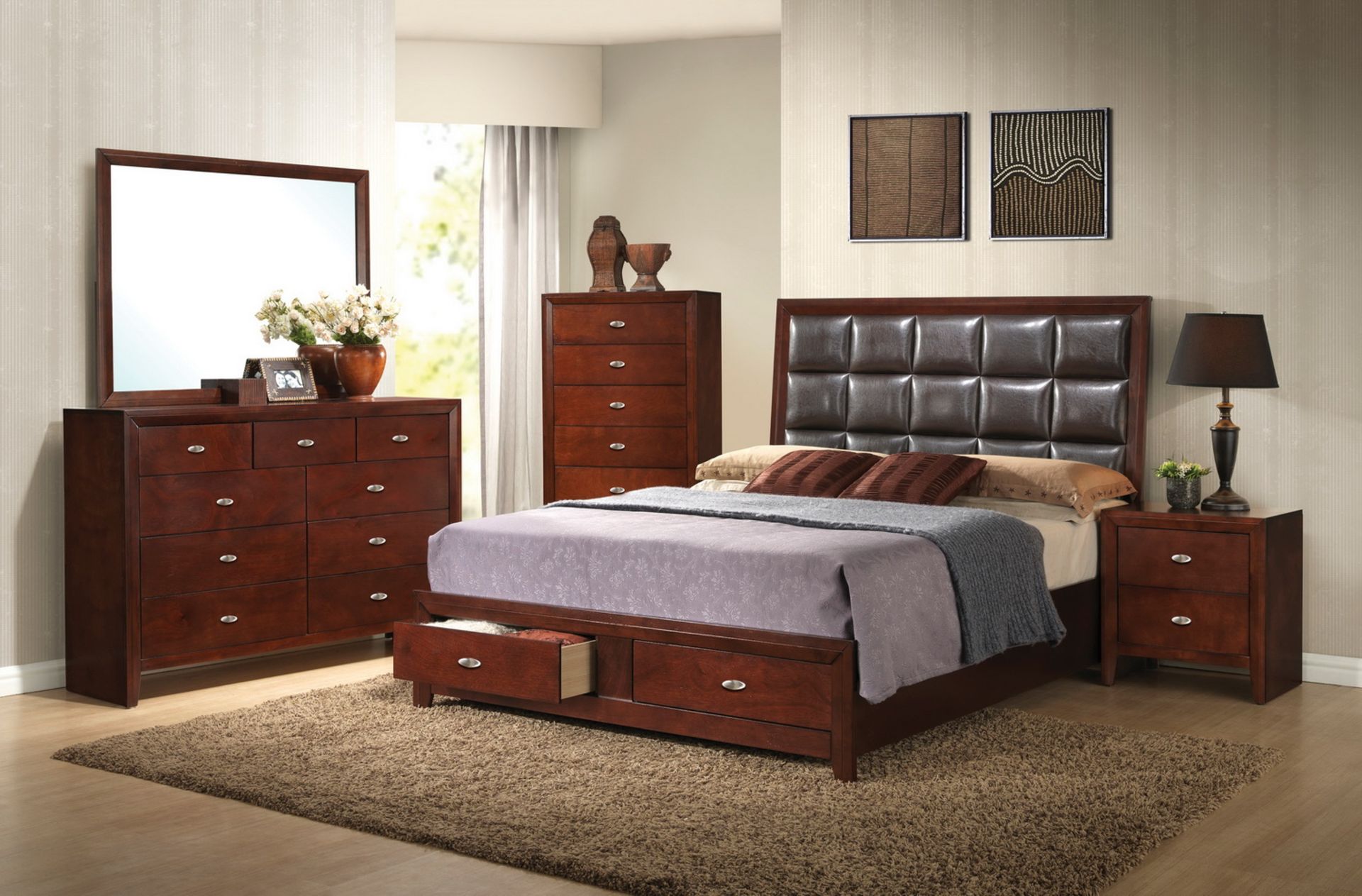 UNITS - (LK-BR355BC) BROWN CHERRY BEDROOM CHEST (NEW IN BOX) & (1) NIGHT STAND TOTAL)