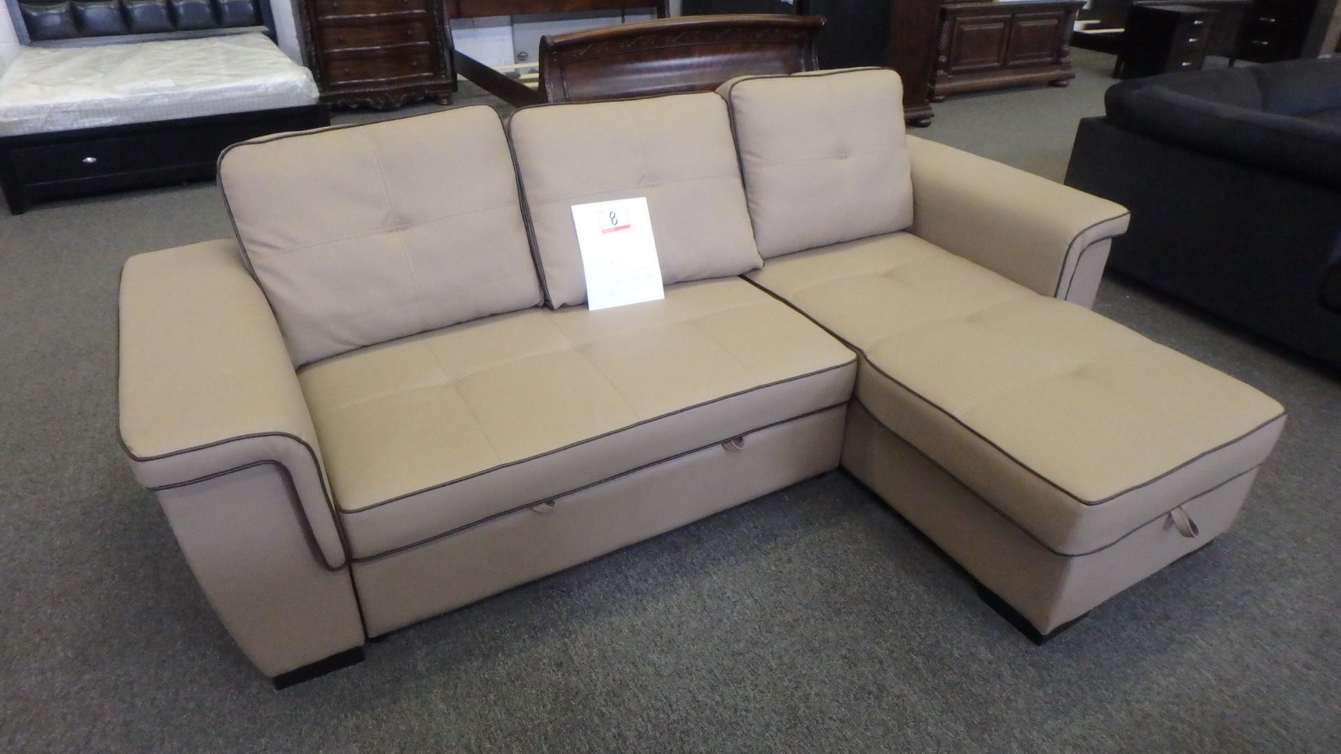 LATTE BROWN PU LEATHER SOFA / CONVERTIBLE BED C/W STORAGE CHAISE (LK-BEATRICE) (NEW IN BOX)