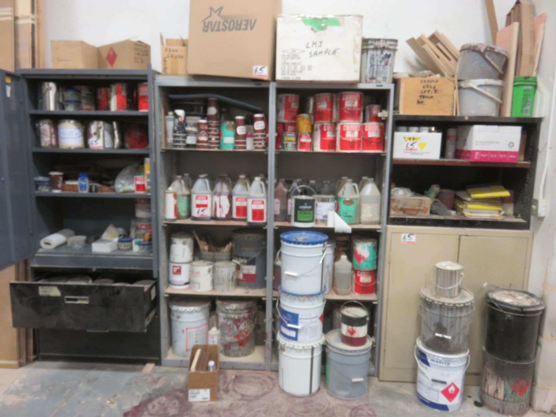 LOT - PAINTS / STAINS / SOLVENT / ADHESIVES W/ CABINETS