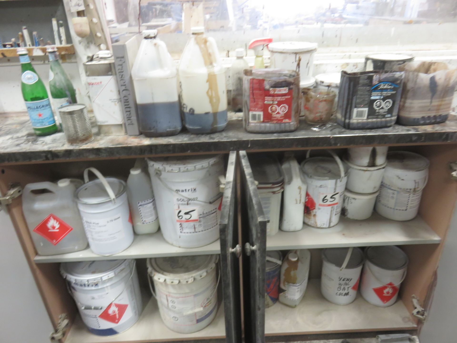 LOT - PAINTS / STAINS / SOLVENT / ADHESIVES W/ CABINETS - Image 2 of 2