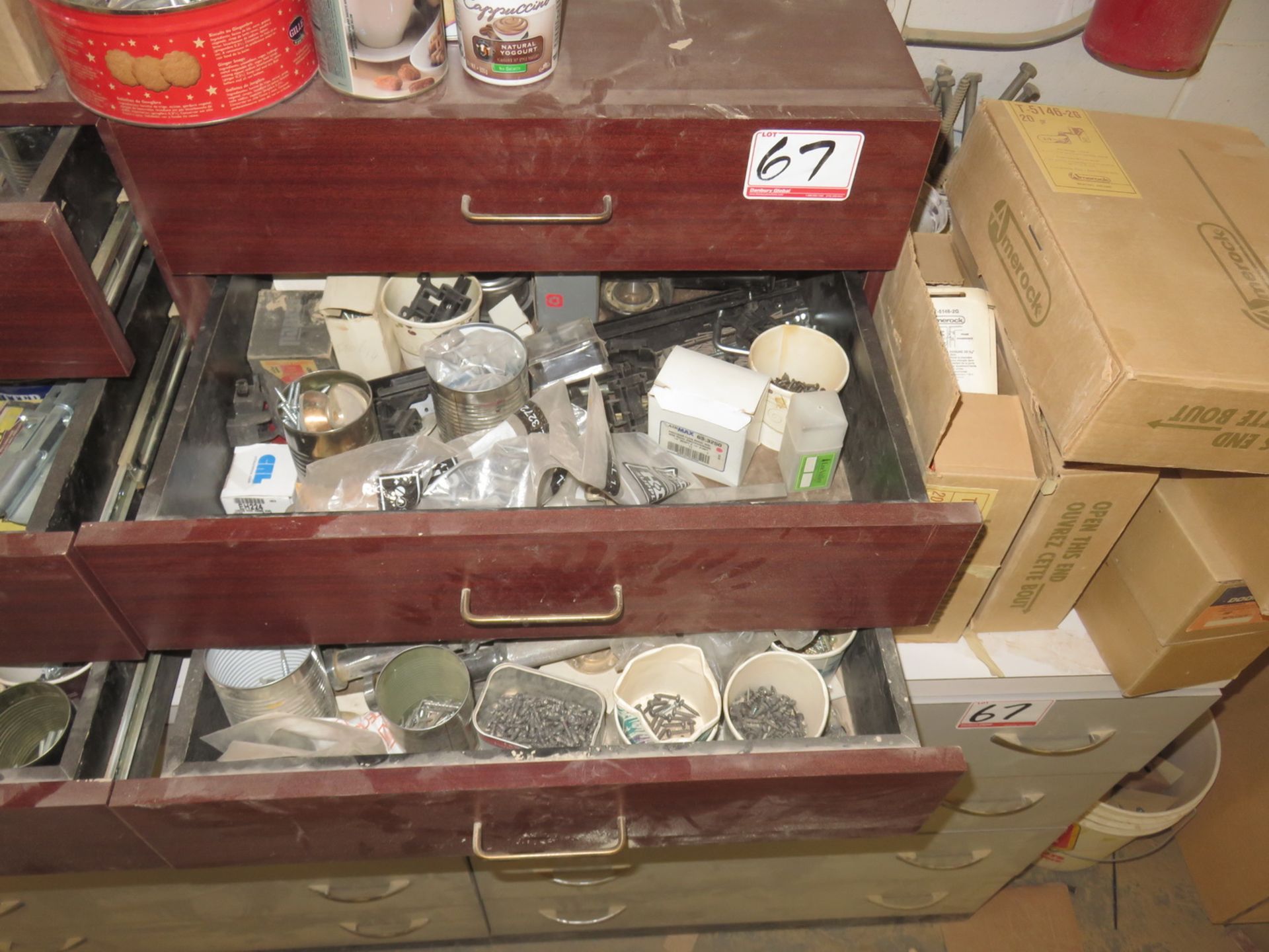 LOT - GREY & BROWN CABINETS W/ SCREWS, FITTINGS, SHELF SUPPORTS, DESKTOP CARD COVERS, ETC (NO FIRE - Image 4 of 4