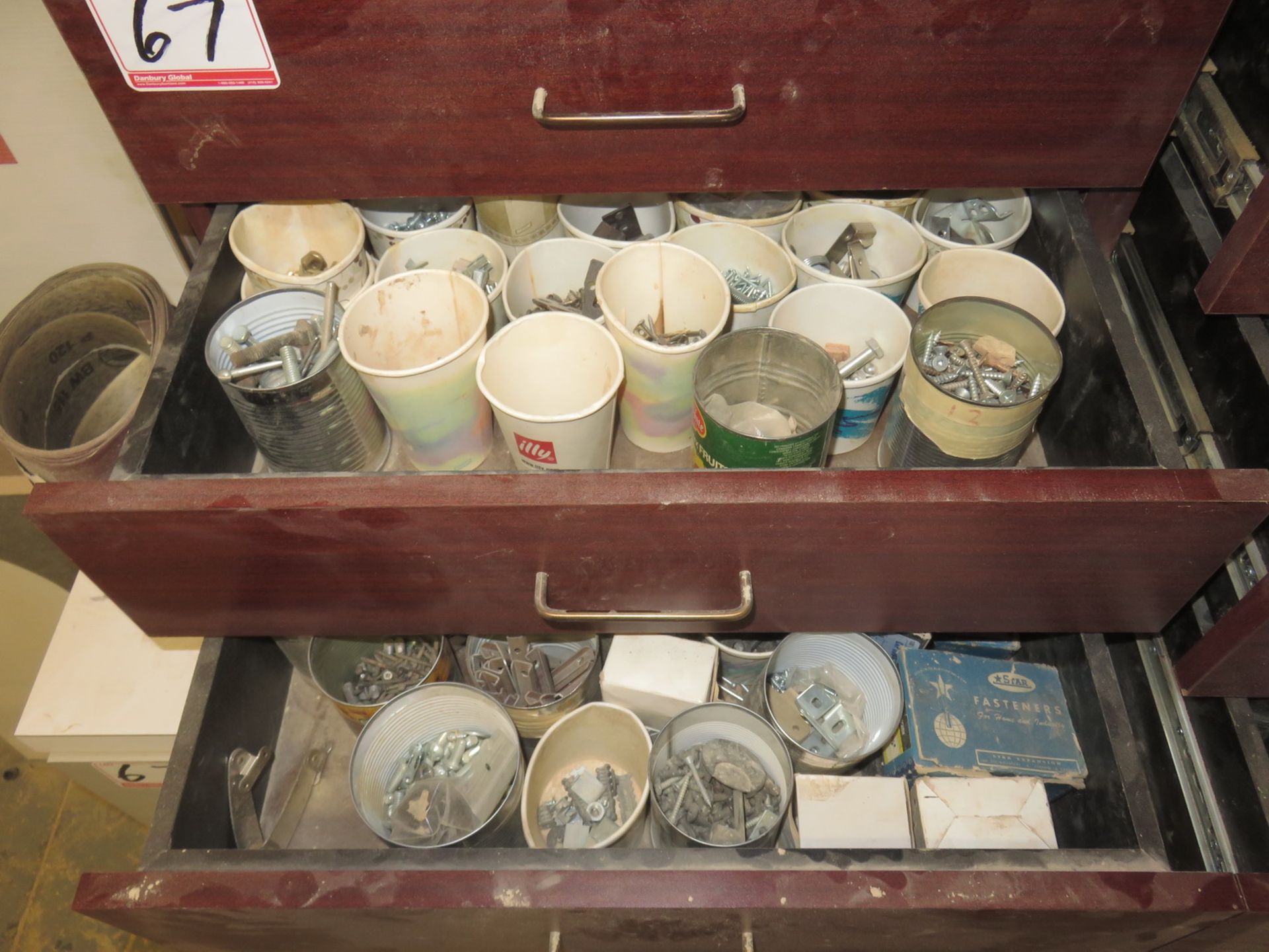 LOT - GREY & BROWN CABINETS W/ SCREWS, FITTINGS, SHELF SUPPORTS, DESKTOP CARD COVERS, ETC (NO FIRE - Image 2 of 4