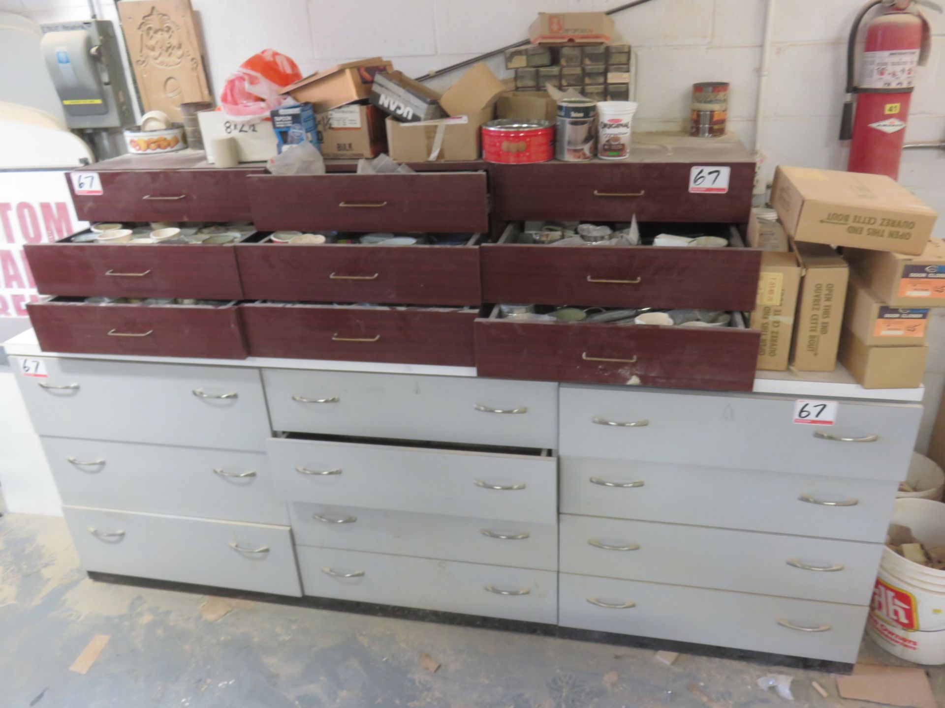 LOT - GREY & BROWN CABINETS W/ SCREWS, FITTINGS, SHELF SUPPORTS, DESKTOP CARD COVERS, ETC (NO FIRE