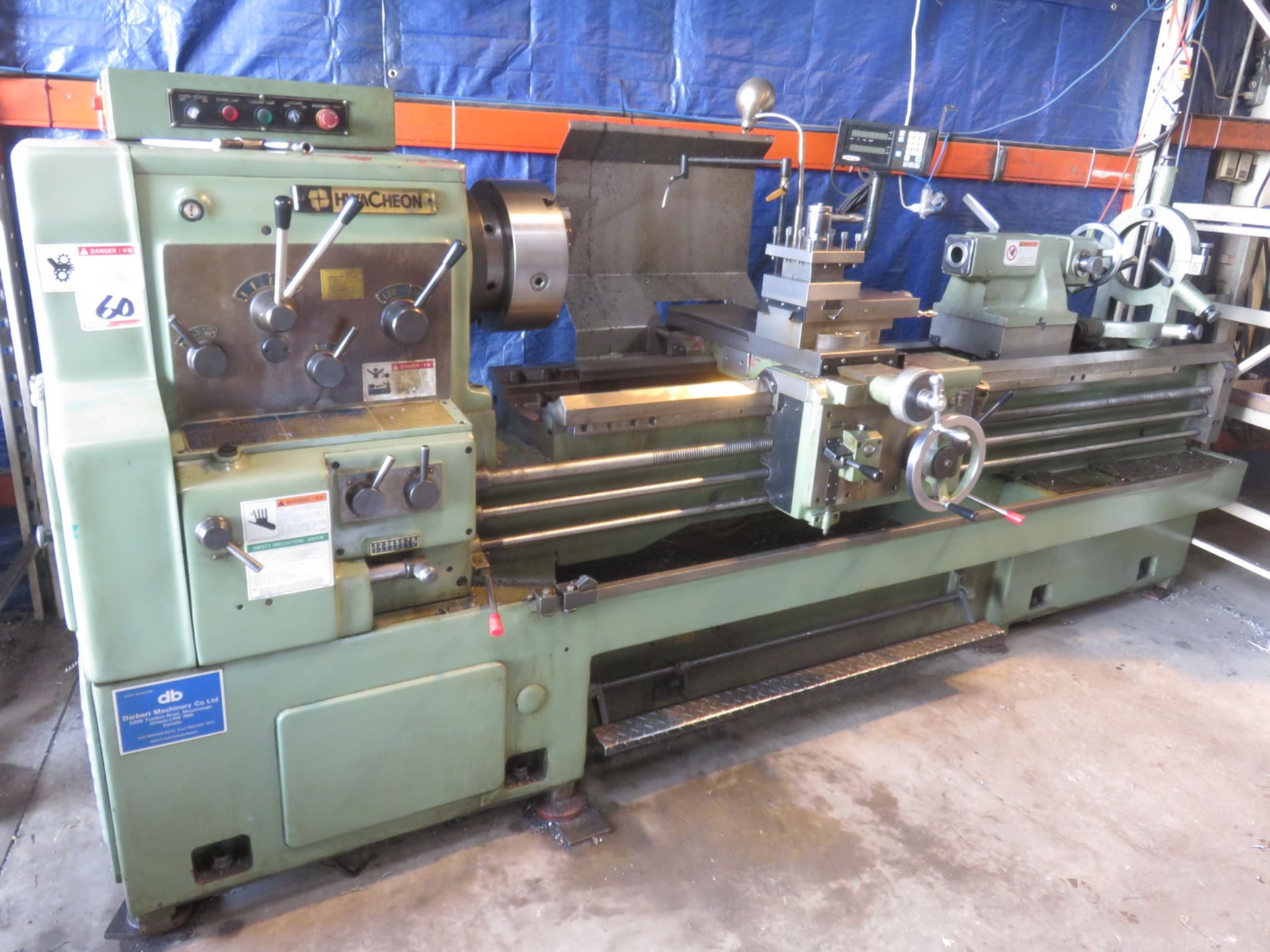 HWACHEON HL-580 GAP BED ENGINE LATHE W/ 23" SWING, 80" BETWEEN CENTERS, 28-1350 RPM, STEADY REST,