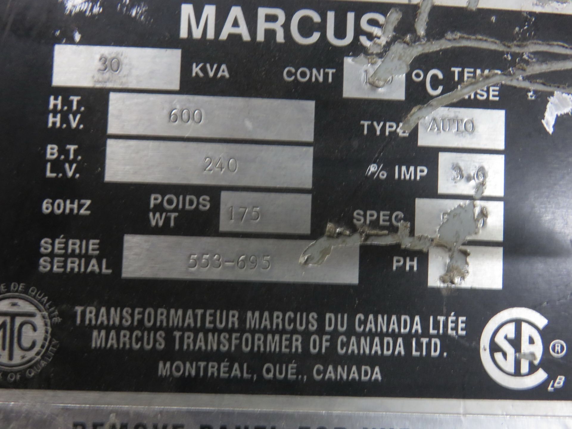 MARCUS 600/240V, 30 KVA TRANSFORMER - Image 2 of 2