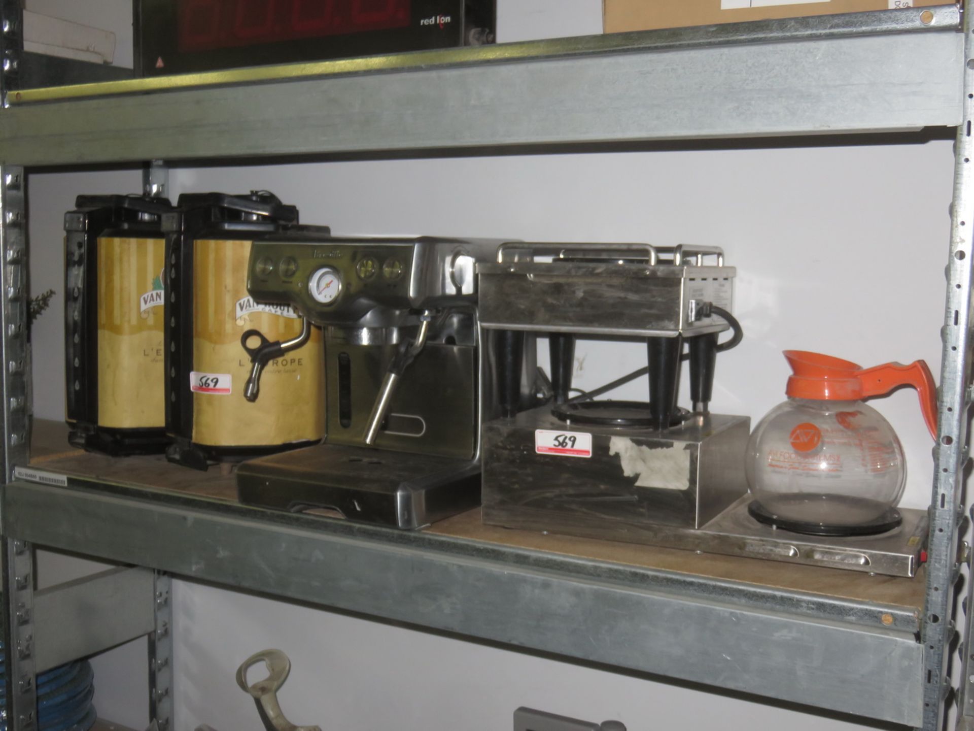 LOT - BREVILLE ESPRESSO MACHINE (NO COFFEE HANDLE), ELECTRIC COFFEE HEATER + CANISTERS