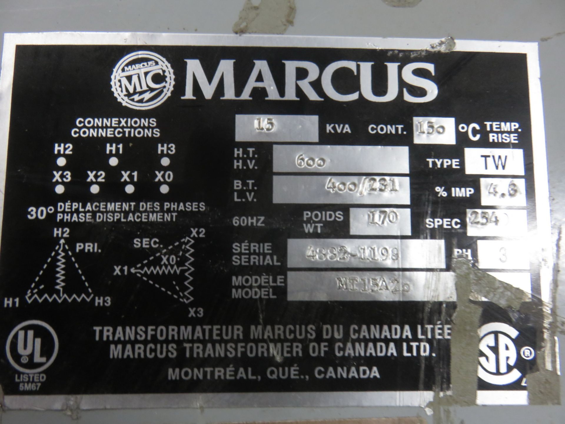 MARCUS 600/400/231V, 15 KVA TRANSFORMER - Image 2 of 2