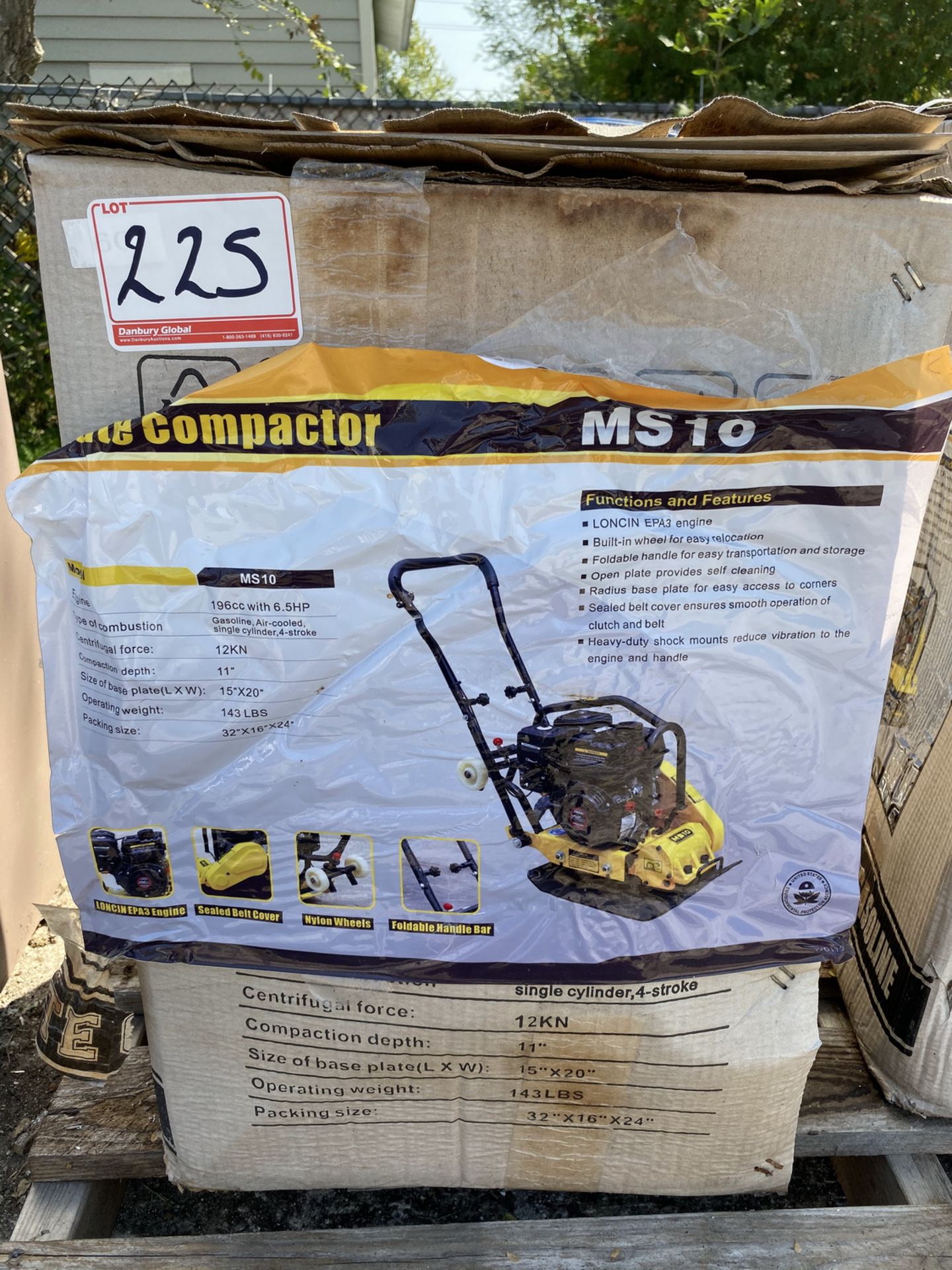 MODEL MS-10 GAS POWERED PLATE COMPACTOR (NEW - NEVER ASSEMBLED - BOX WAS LEFT OUTSIDE) (LOCATED AT