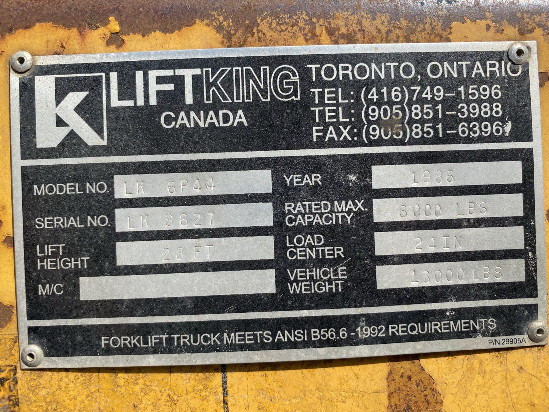 1986 LIFT KING MODEL LK 6P44 FORKLIFT 6,000LBS CAP, S/N 8627 (AS IS - HYDRAULIC LEAK) (LOCATED AT - Image 4 of 4