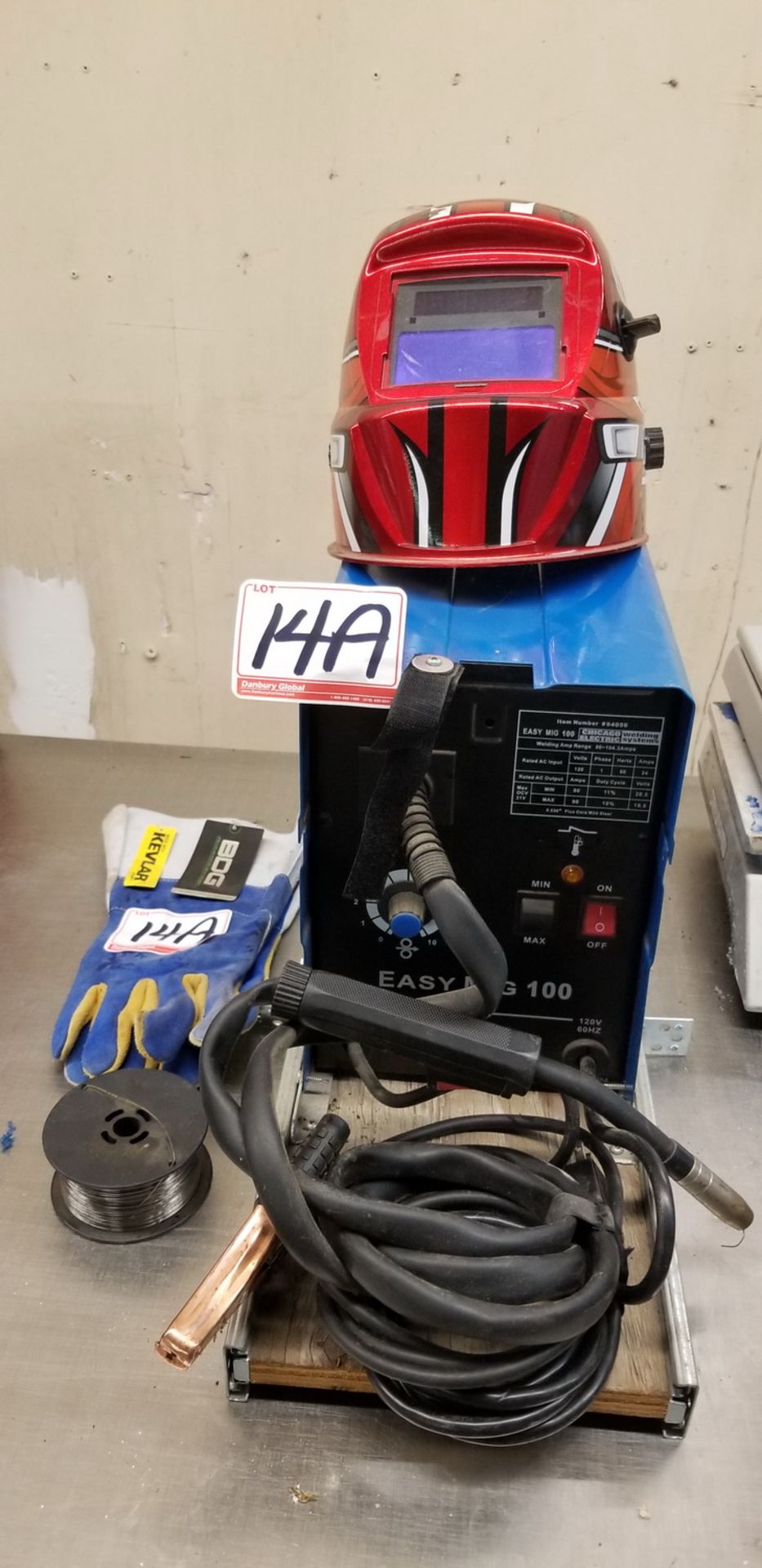 CHICAGO ELECTRIC MOD EASY MIG 100, 90 AMP MIG WELDER W/ FACE SHIELD, GLOVES +WIRE COIL