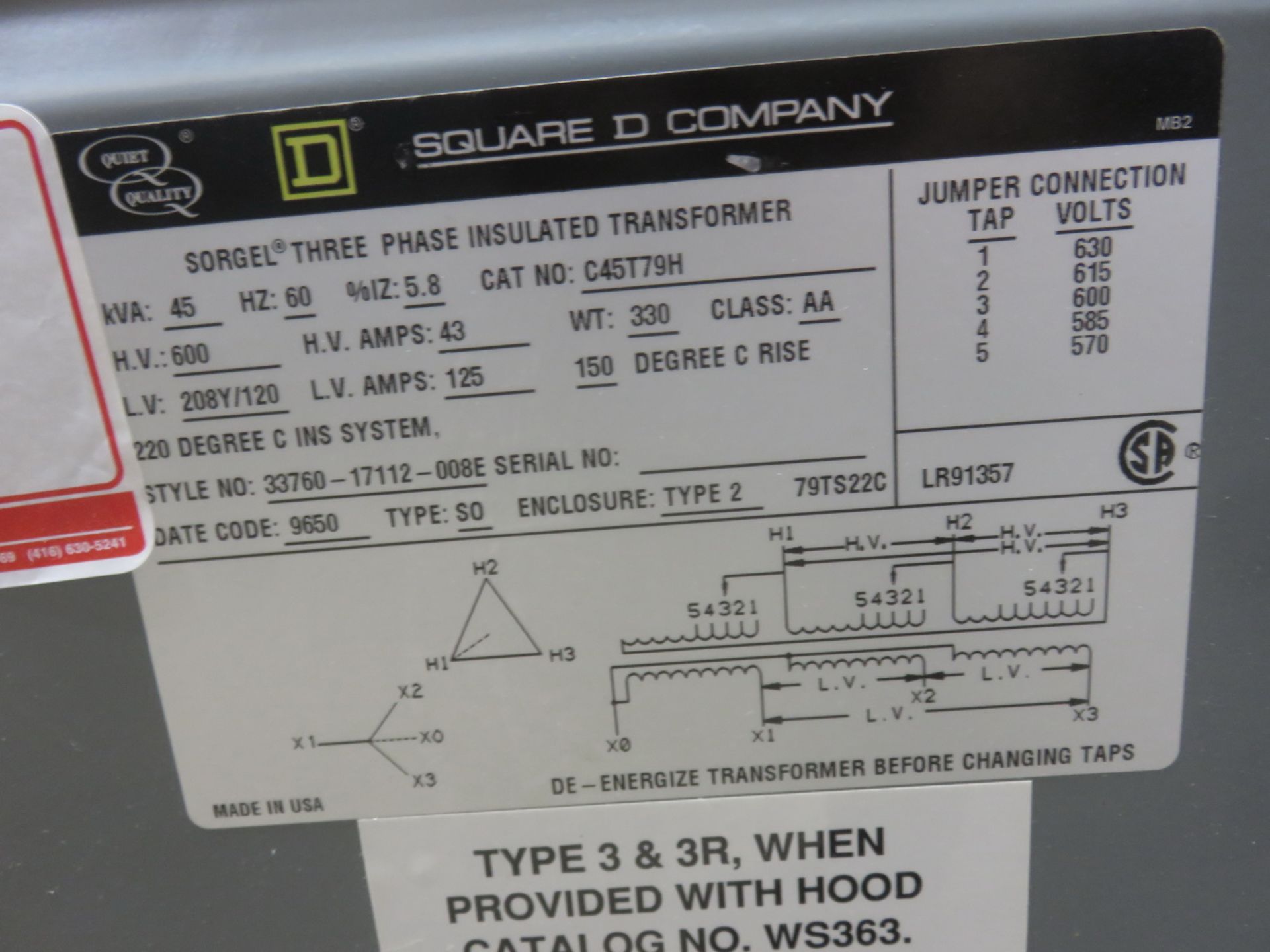 SQUARED 45 KVA 600/ 208Y/ 120V TRANSFORMERS - Image 2 of 2